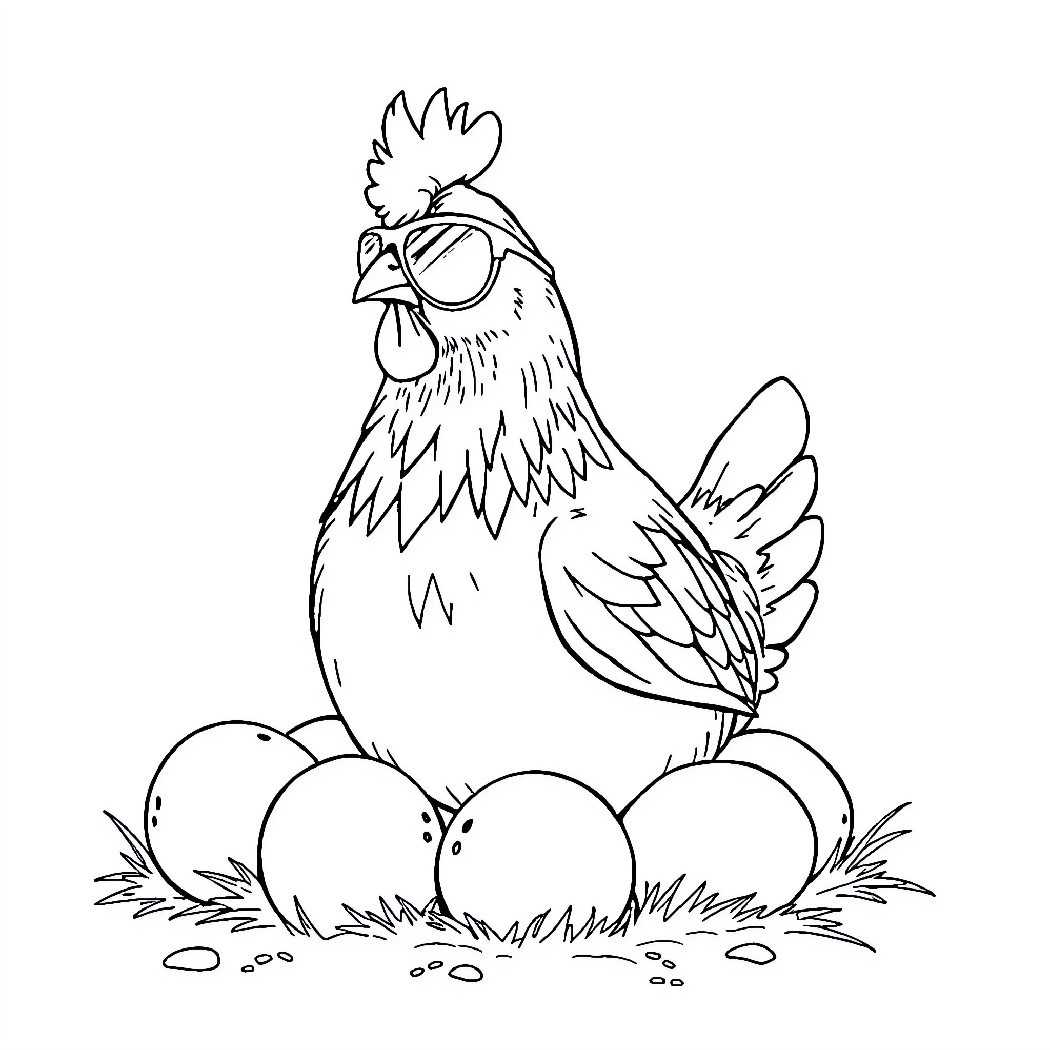 Hen guarding her eggs in the nest Coloring Page (free black-and-white line drawing printable PDF for all, from beginners to advanced learners, including children, teens, adults, and seniors)