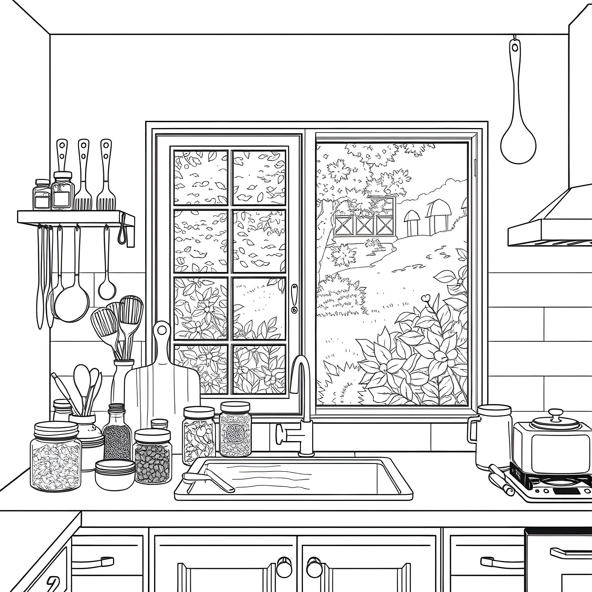 Kitchen filled with cooking tools and scenic window view Coloring Page (free black-and-white line drawing printable PDF for all, from beginners to advanced learners, including children, teens, adults, and seniors)