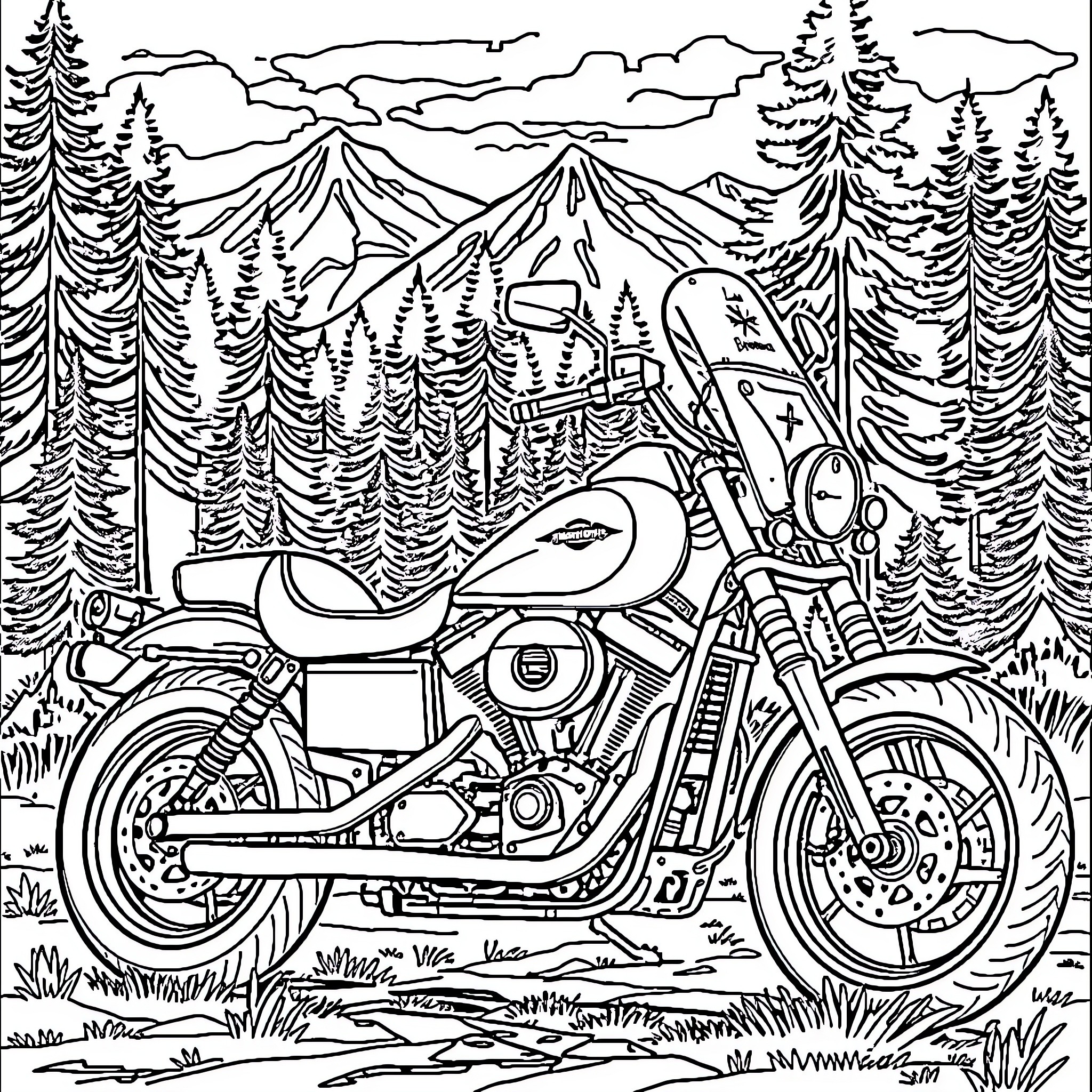 Harley Davidson motorcycle in scenic mountain landscape Coloring Page (free black-and-white line drawing printable PDF for all, from beginners to advanced learners, including children, teens, adults, and seniors)