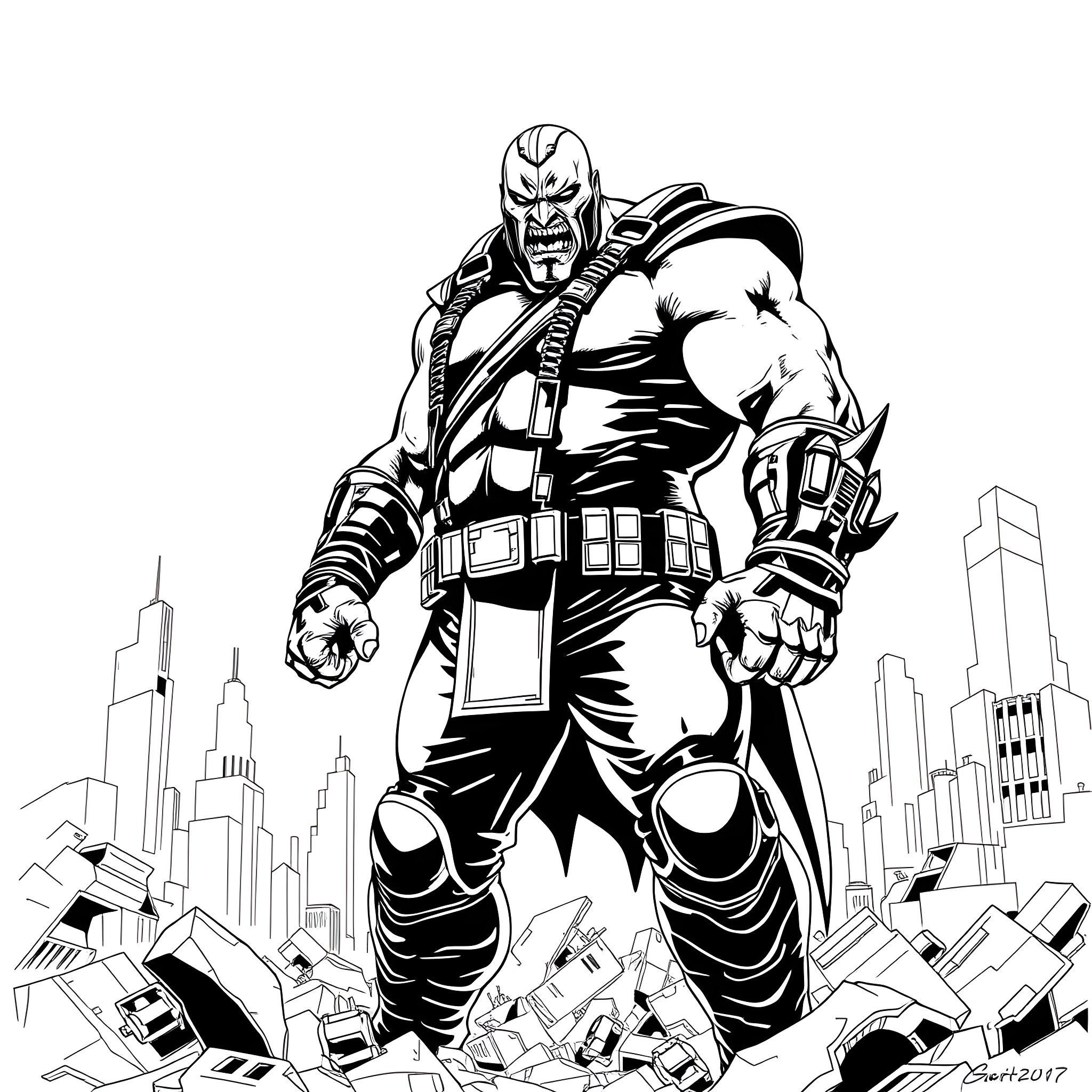 Bane Unleashing Destruction in the City Coloring Page (free black-and-white line drawing printable PDF for all, from beginners to advanced learners, including children, teens, adults, and seniors)