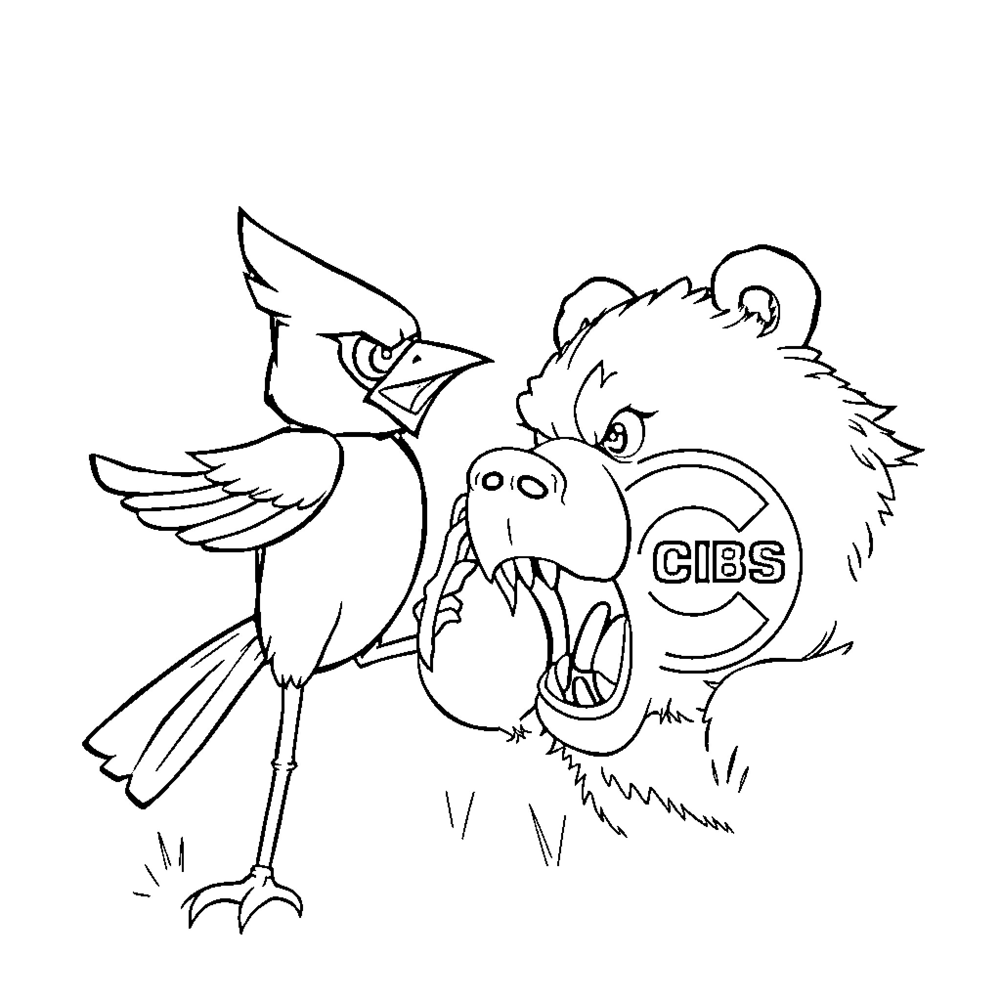 Cardinal bird squaring off against ferocious cub Coloring Page (free black-and-white line drawing printable PDF for all, from beginners to advanced learners, including children, teens, adults, and seniors)