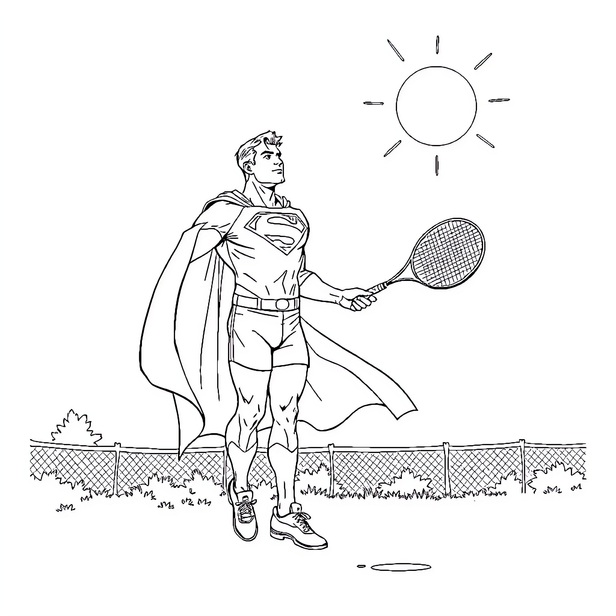 Superman playing tennis in the sun Coloring Page (free black-and-white line drawing printable PDF for all, from beginners to advanced learners, including children, teens, adults, and seniors)