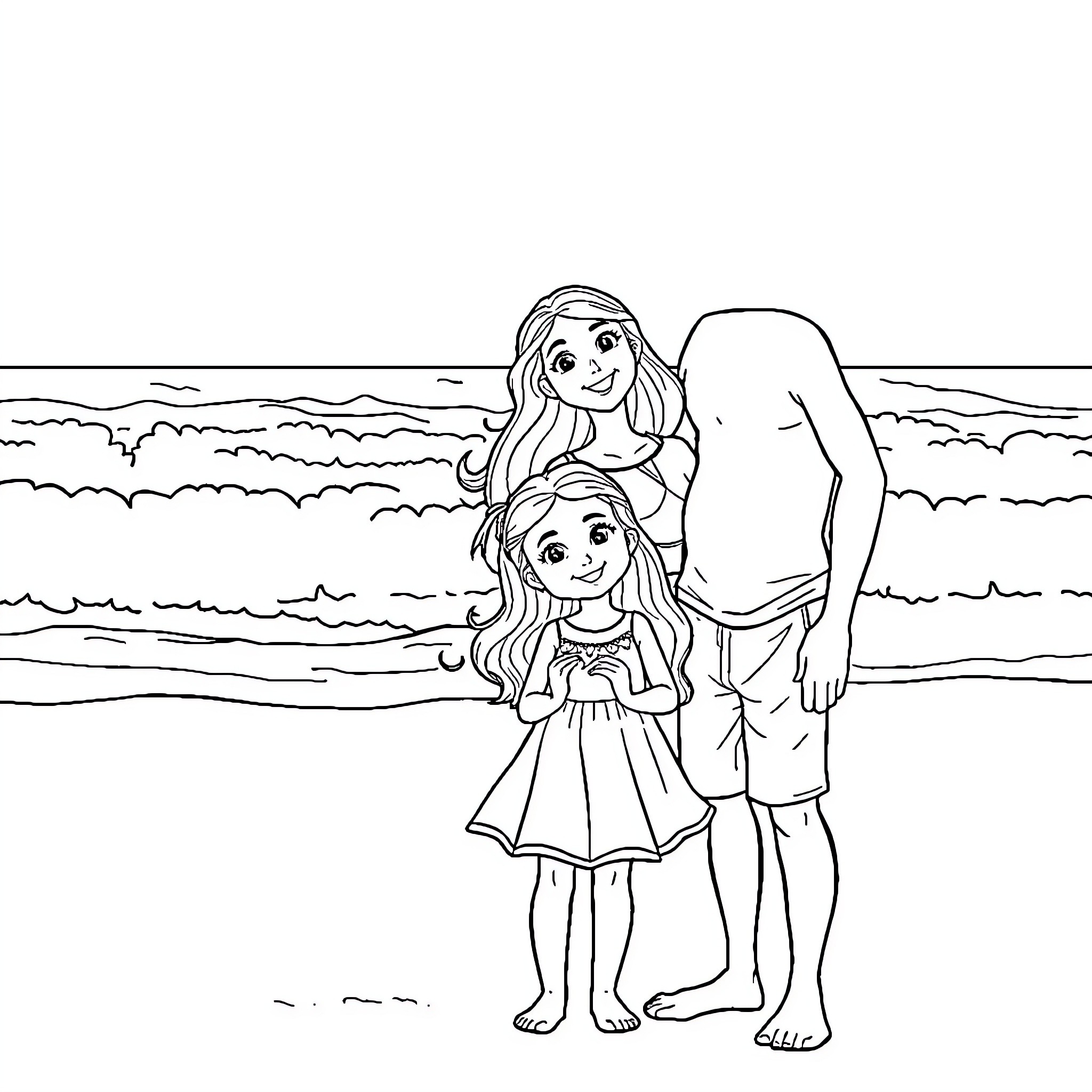Girl and her mother enjoying the beach Coloring Page (free black-and-white line drawing printable PDF for all, from beginners to advanced learners, including children, teens, adults, and seniors)