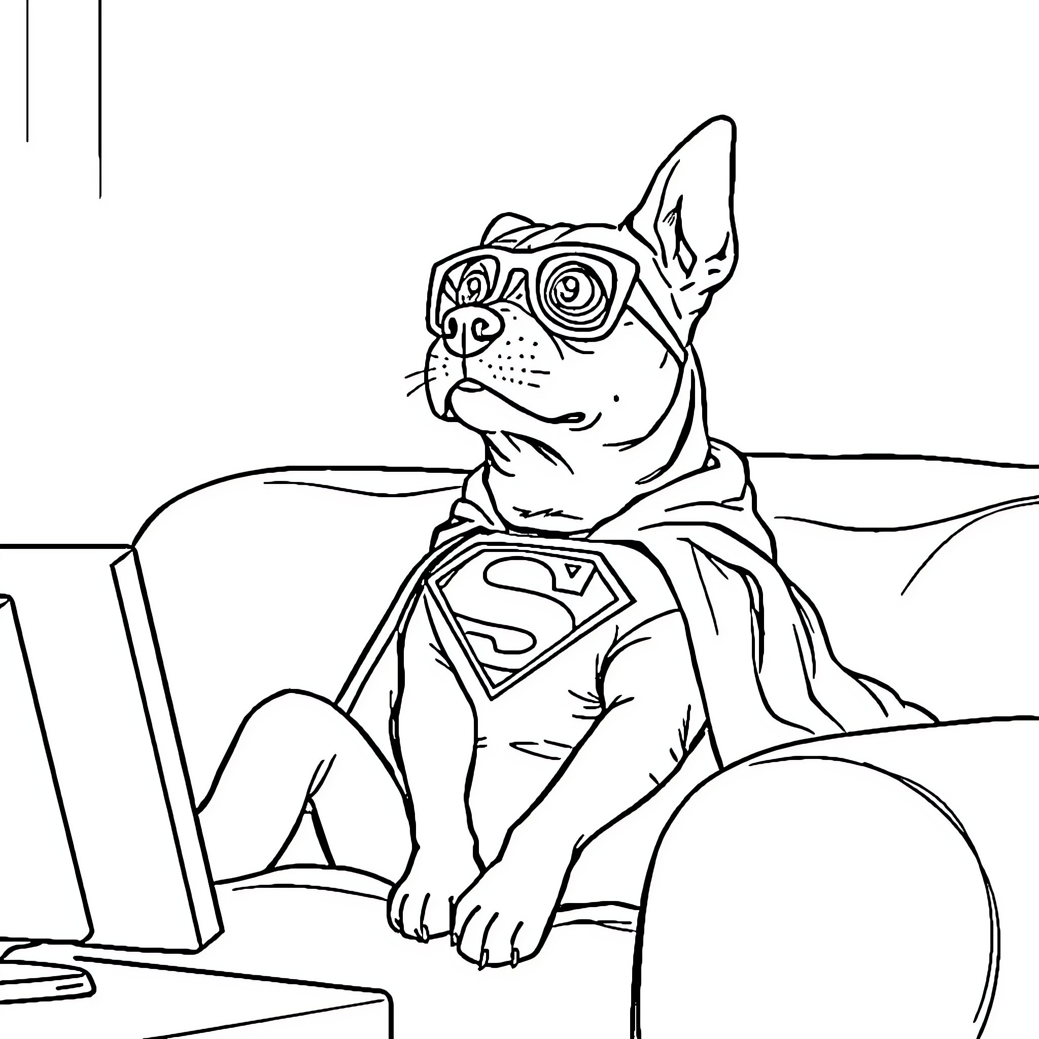 Dog in superhero costume using computer Coloring Page (free black-and-white line drawing printable PDF for all, from beginners to advanced learners, including children, teens, adults, and seniors)