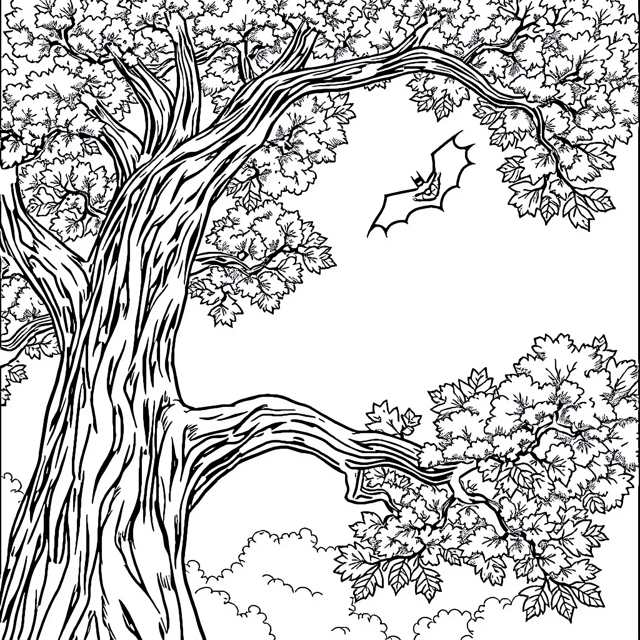 Tree with Intricate Branches and Leaves Coloring Page (free black-and-white line drawing printable PDF for all, from beginners to advanced learners, including children, teens, adults, and seniors)