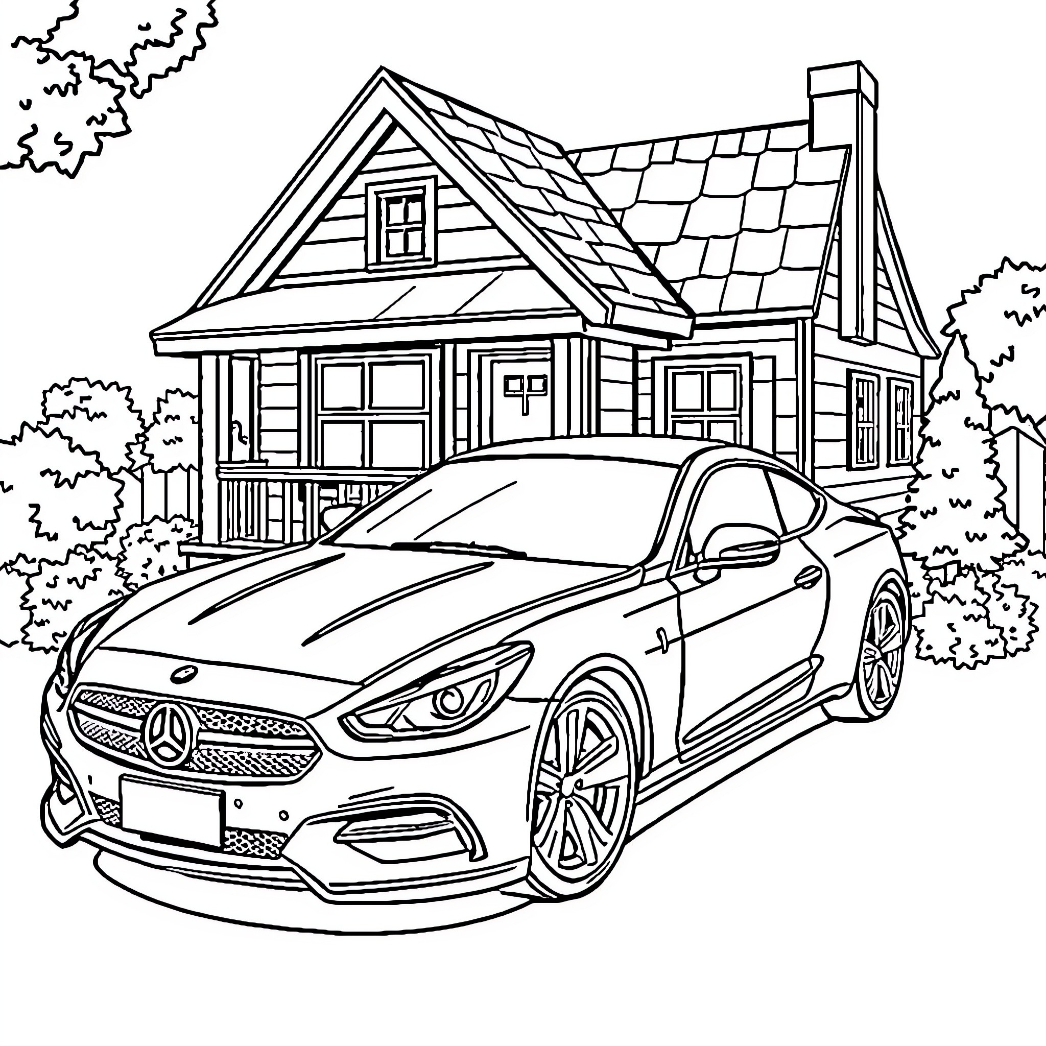 Car parked in front of cozy house Coloring Page (free black-and-white line drawing printable PDF for all, from beginners to advanced learners, including children, teens, adults, and seniors)
