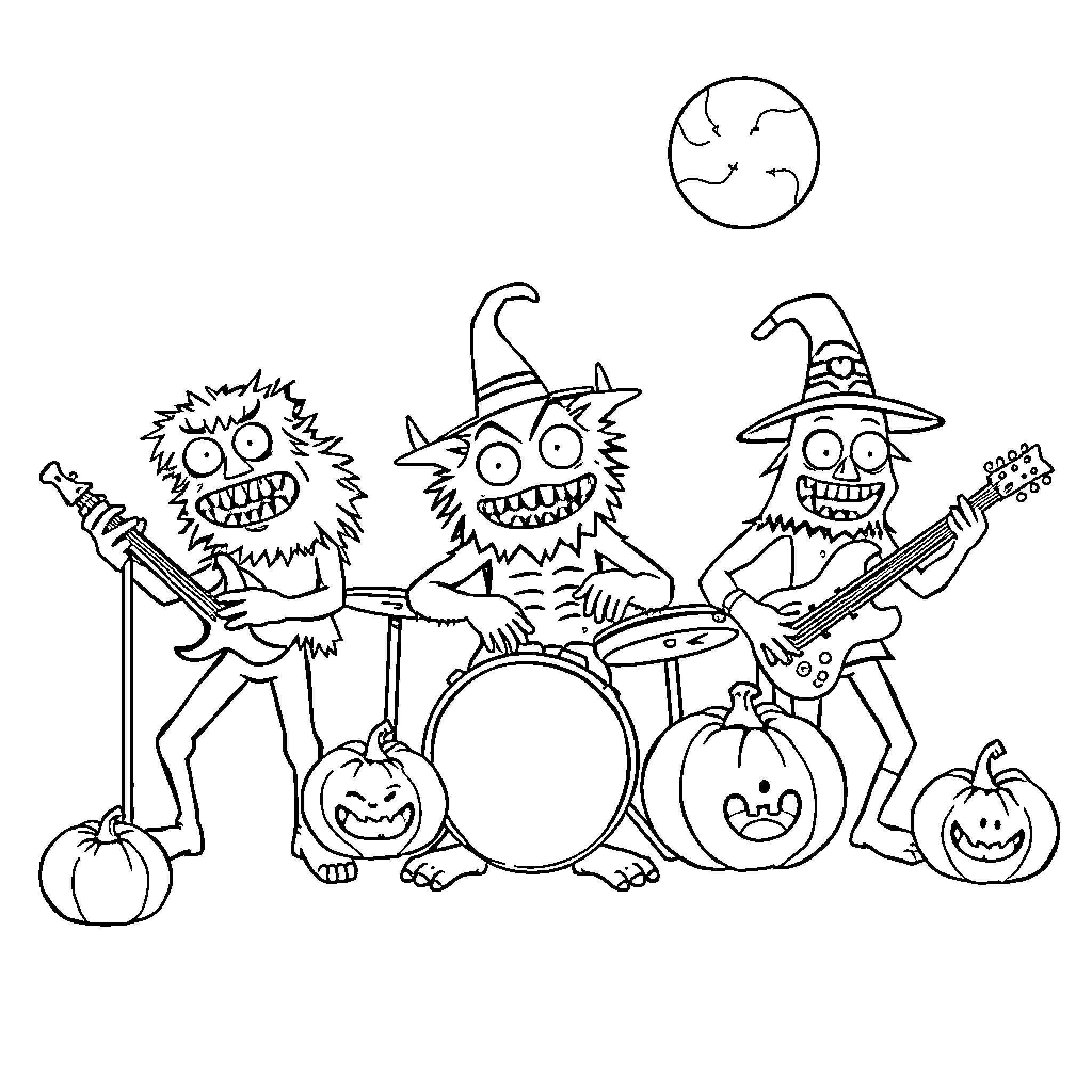 Monster band rocking out on Halloween night Coloring Page (free black-and-white line drawing printable PDF for all, from beginners to advanced learners, including children, teens, adults, and seniors)
