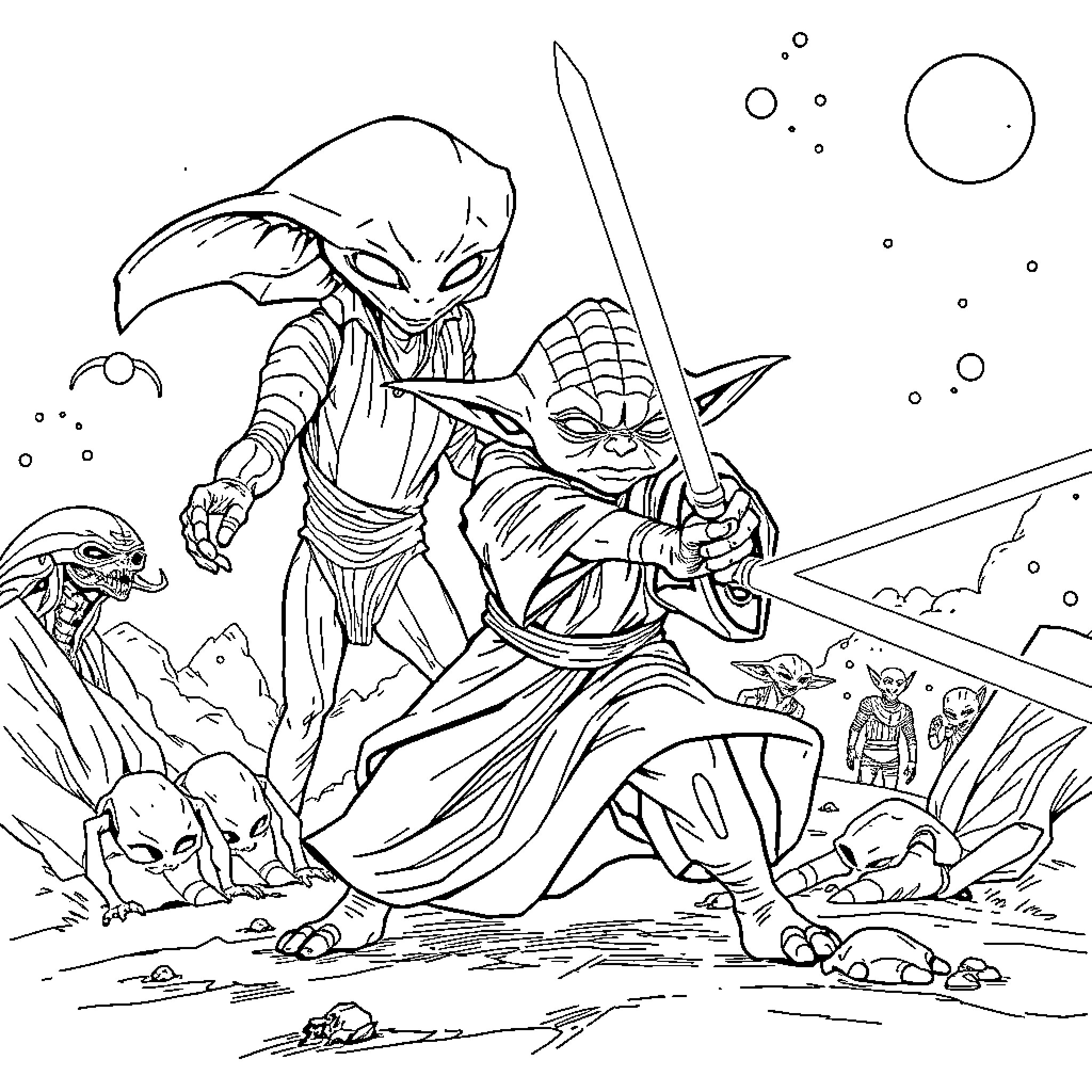 Yoda and Darth Vader in epic battle on alien planet Coloring Page (free black-and-white line drawing printable PDF for all, from beginners to advanced learners, including children, teens, adults, and seniors)