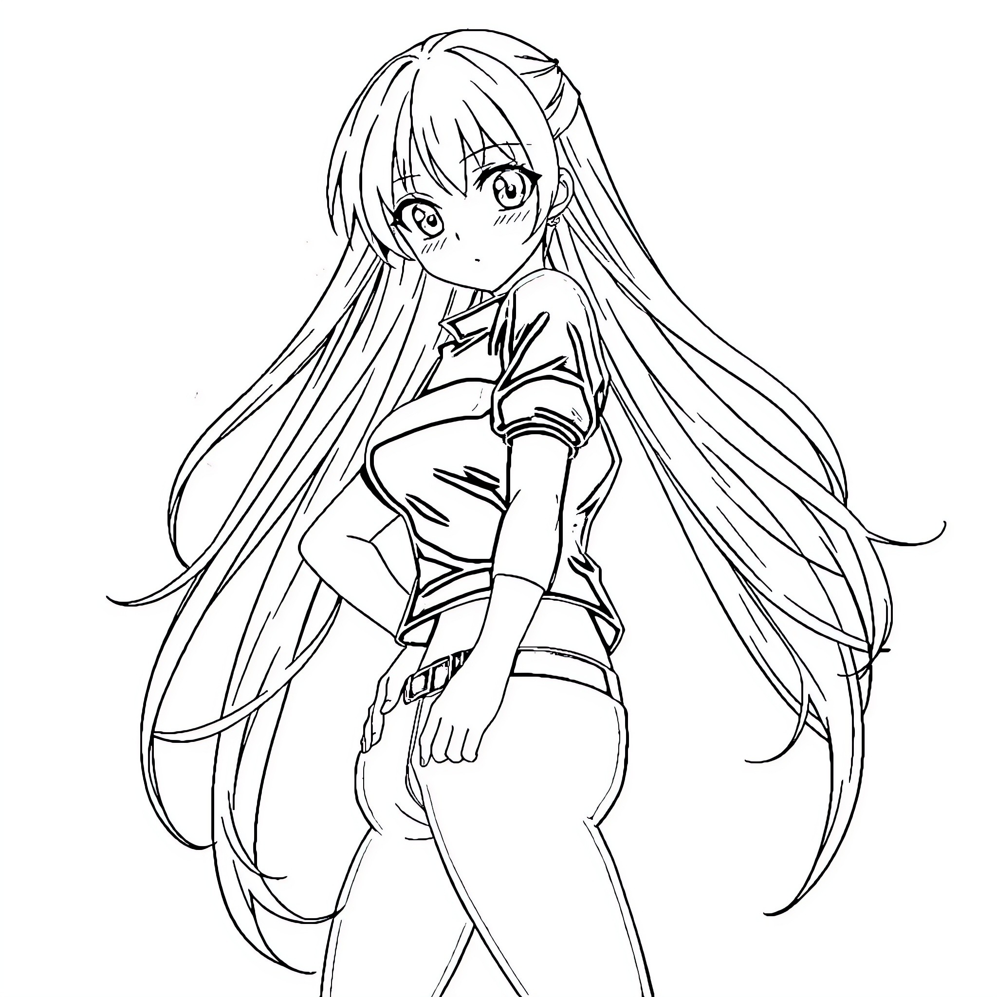 Anime Girl with Long Flowing Hair and Distinctive Outfit Coloring Page (free black-and-white line drawing printable PDF for all, from beginners to advanced learners, including children, teens, adults, and seniors)