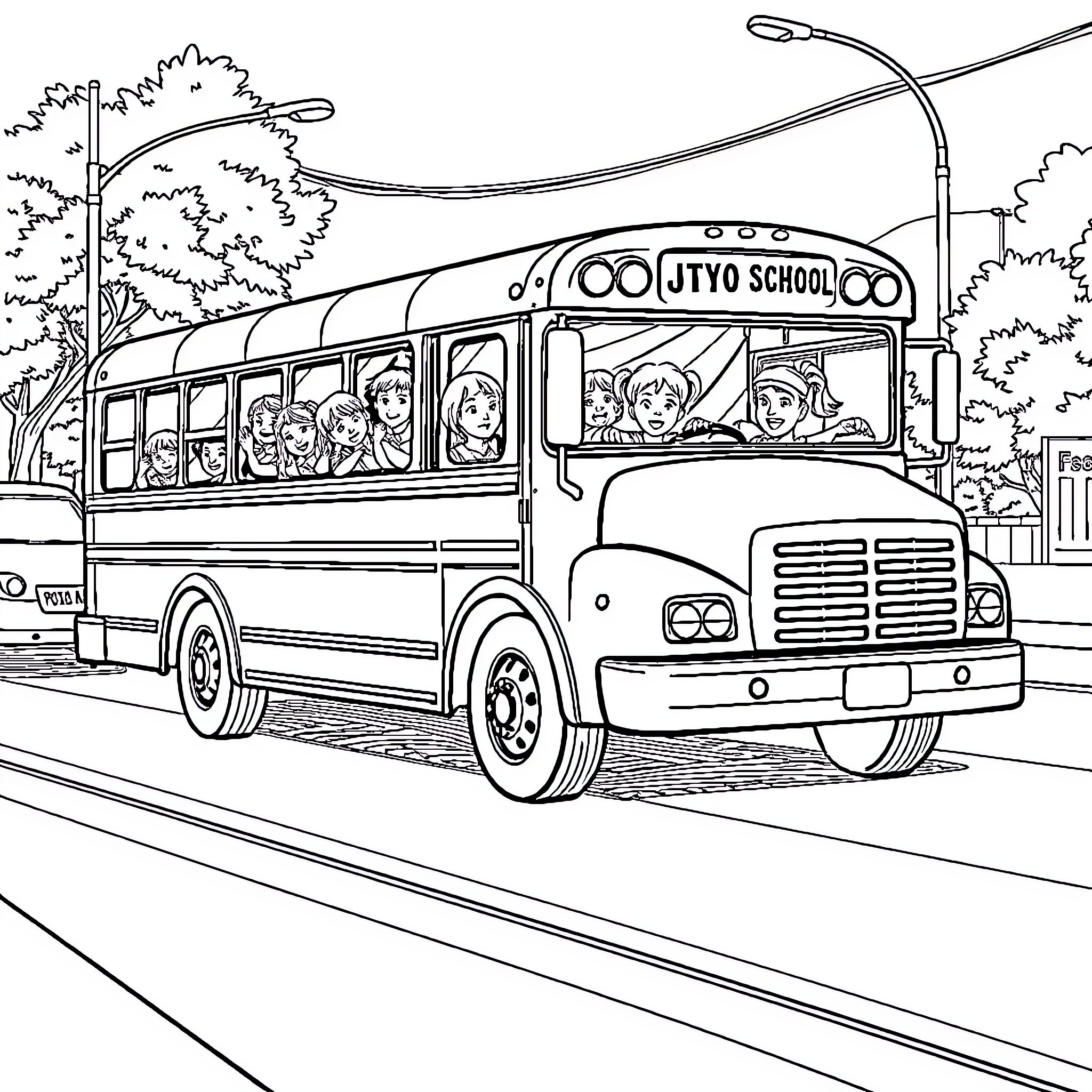 Bus transporting students on a school trip Coloring Page (free black-and-white line drawing printable PDF for all, from beginners to advanced learners, including children, teens, adults, and seniors)
