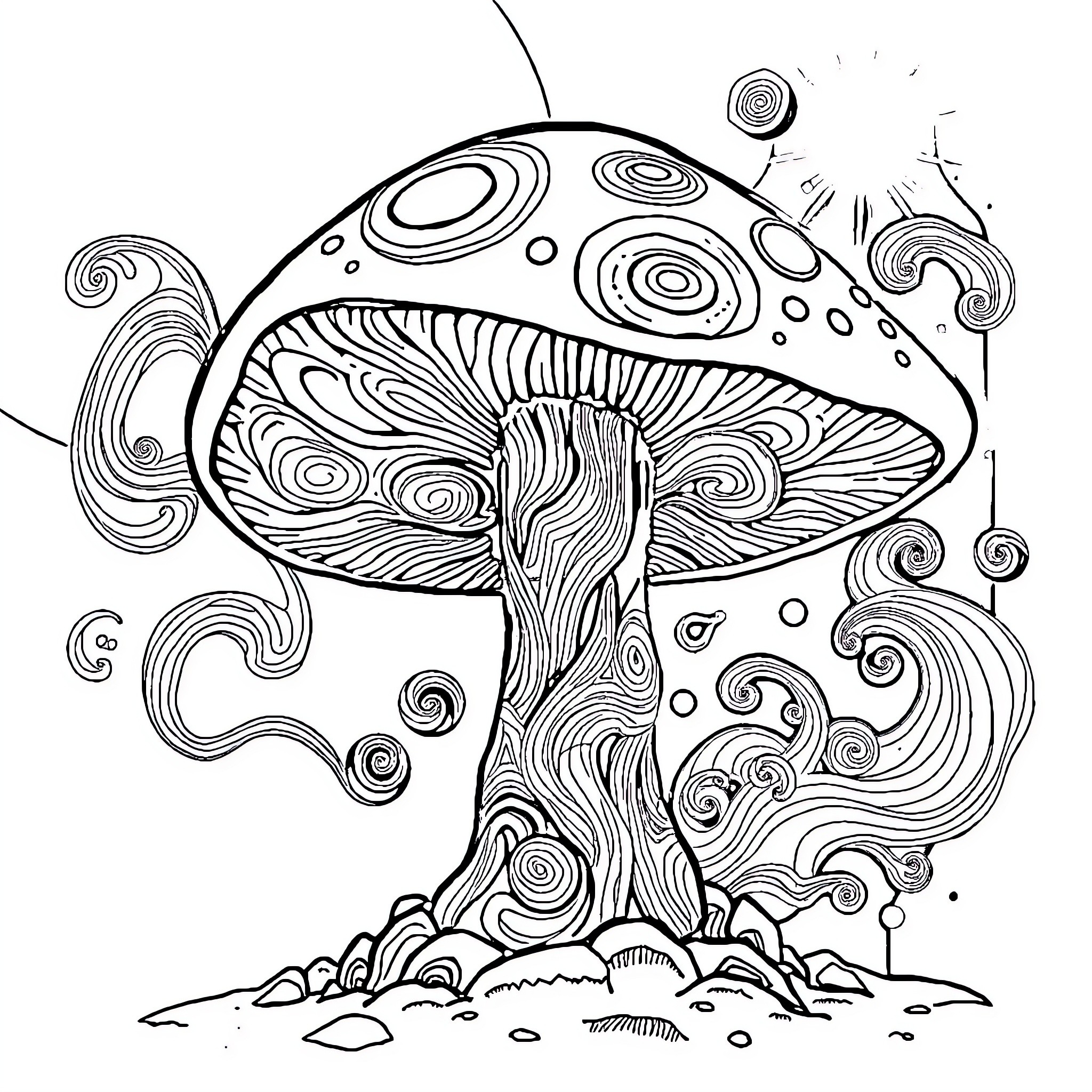 Alien Mushroom's Psychedelic Landscape Coloring Page (free black-and-white line drawing printable PDF for all, from beginners to advanced learners, including children, teens, adults, and seniors)
