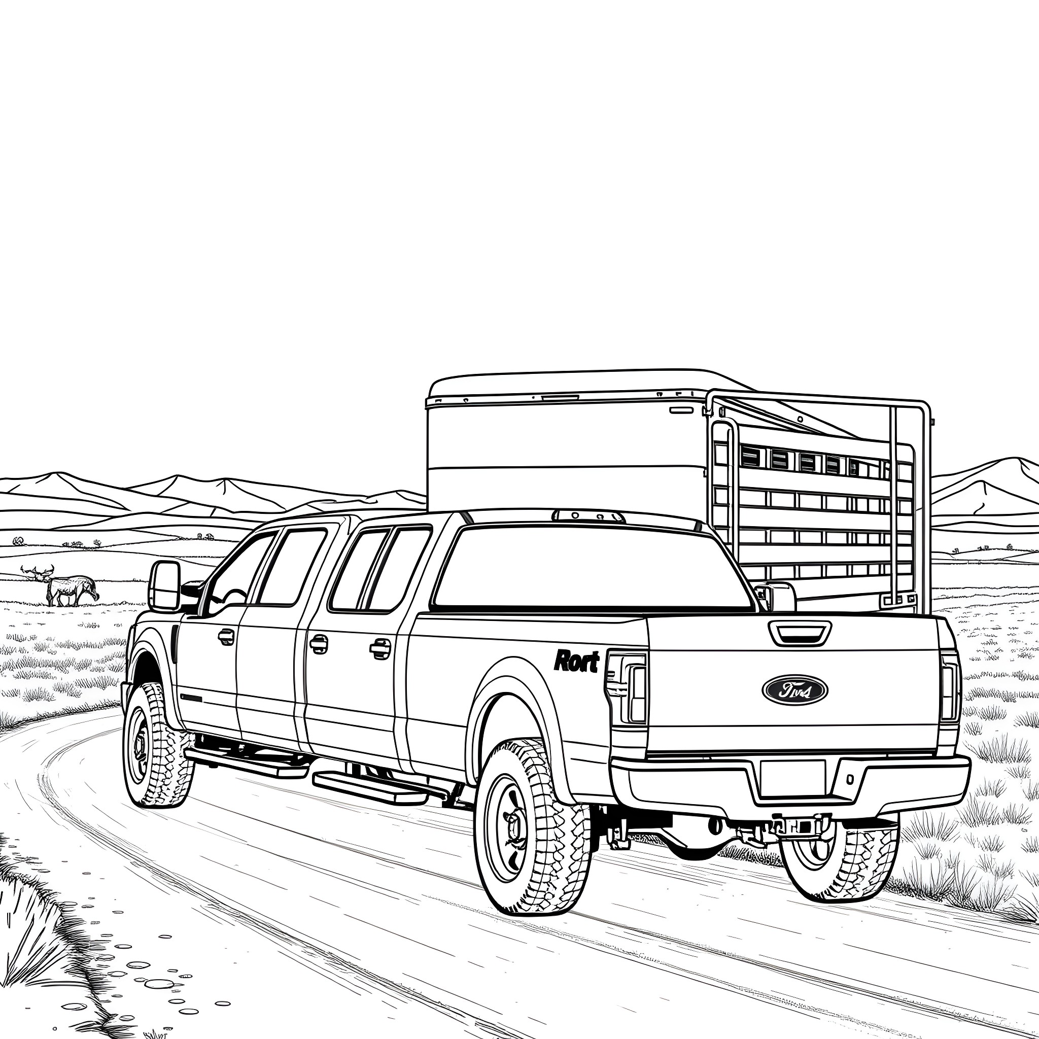 Pickup Truck carrying heavy load on desert road Coloring Page (free black-and-white line drawing printable PDF for all, from beginners to advanced learners, including children, teens, adults, and seniors)