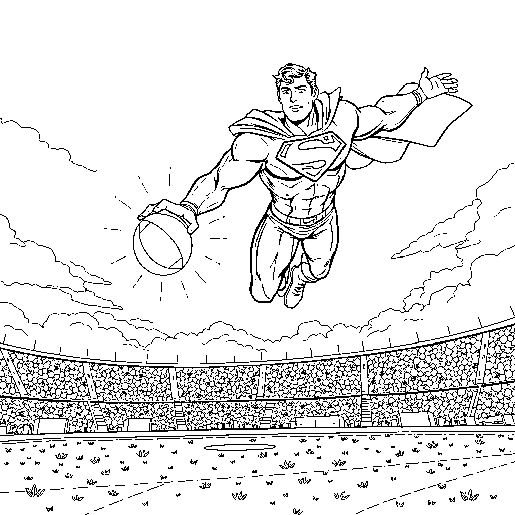 Superman soaring over the stadium in action Coloring Page (free black-and-white line drawing printable PDF for all, from beginners to advanced learners, including children, teens, adults, and seniors)