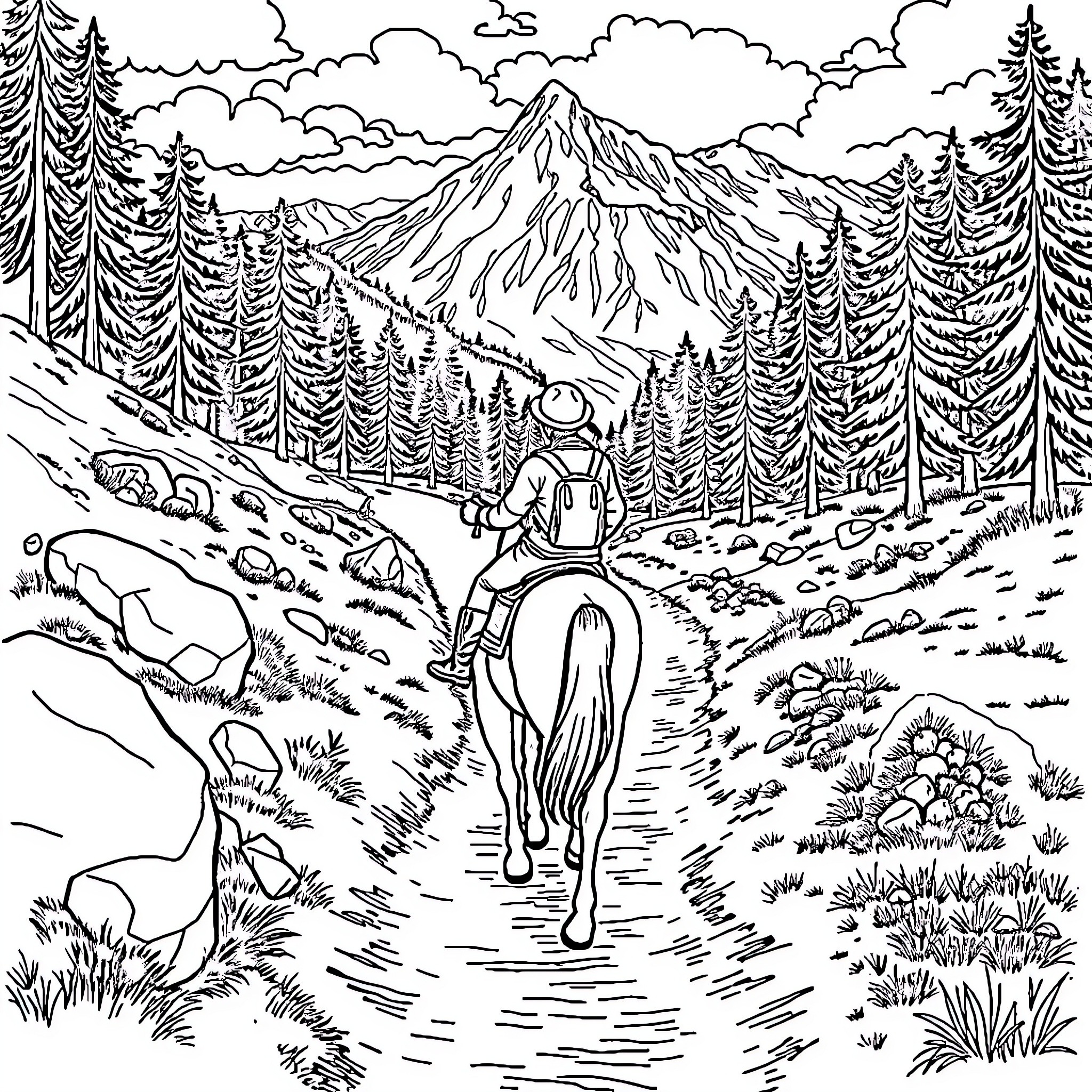 Horse rider exploring scenic mountain landscape Coloring Page (free black-and-white line drawing printable PDF for all, from beginners to advanced learners, including children, teens, adults, and seniors)