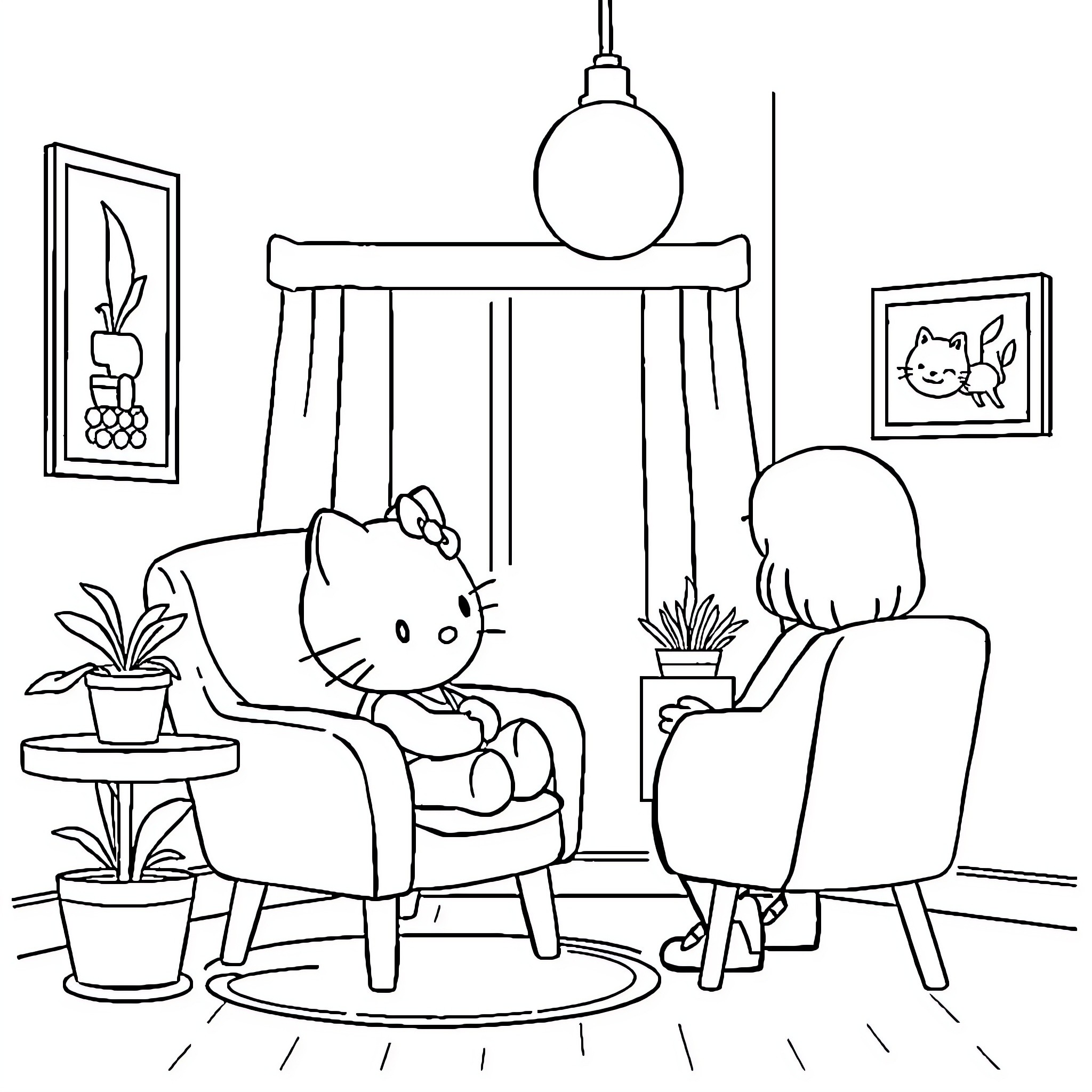 Hello Kitty relaxing in cozy armchair Coloring Page (free black-and-white line drawing printable PDF for all, from beginners to advanced learners, including children, teens, adults, and seniors)