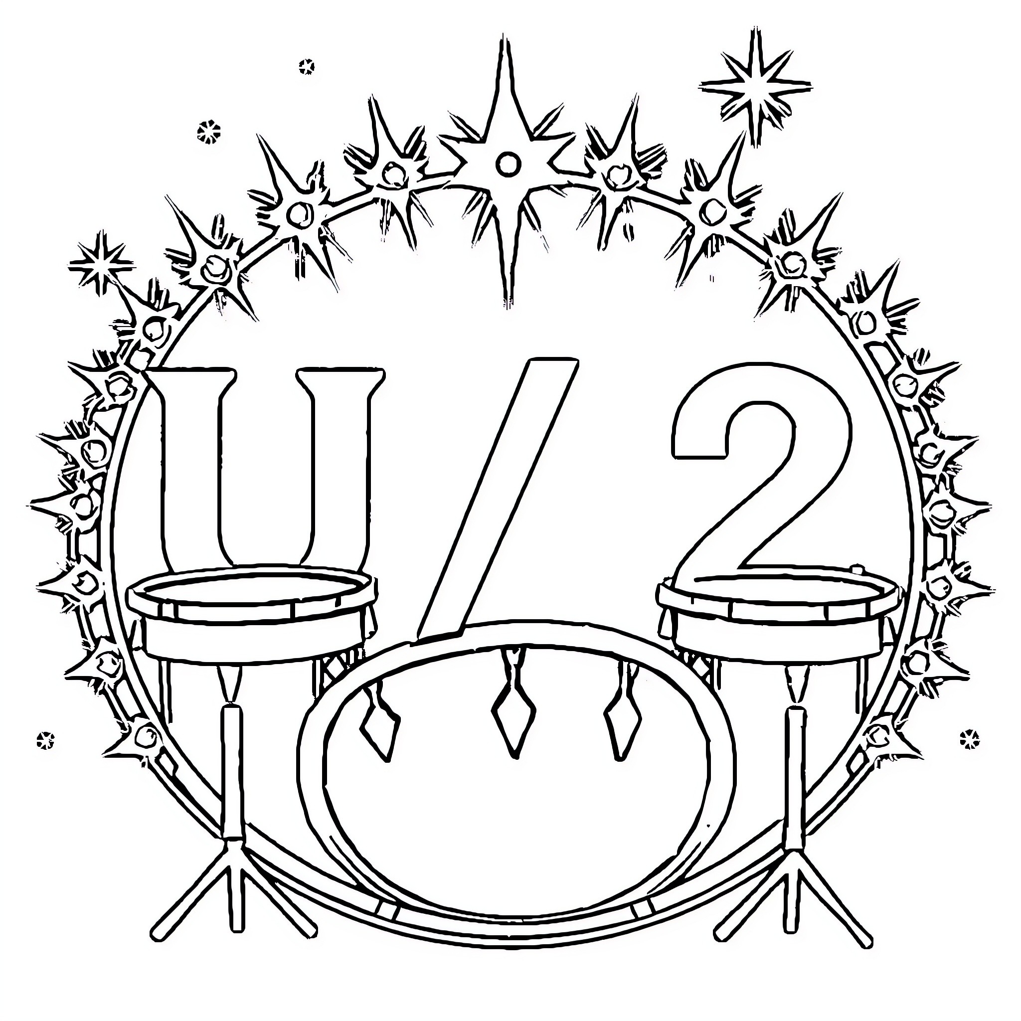 U2 Drum Set and Symbols Background Coloring Page (free black-and-white line drawing printable PDF for all, from beginners to advanced learners, including children, teens, adults, and seniors)