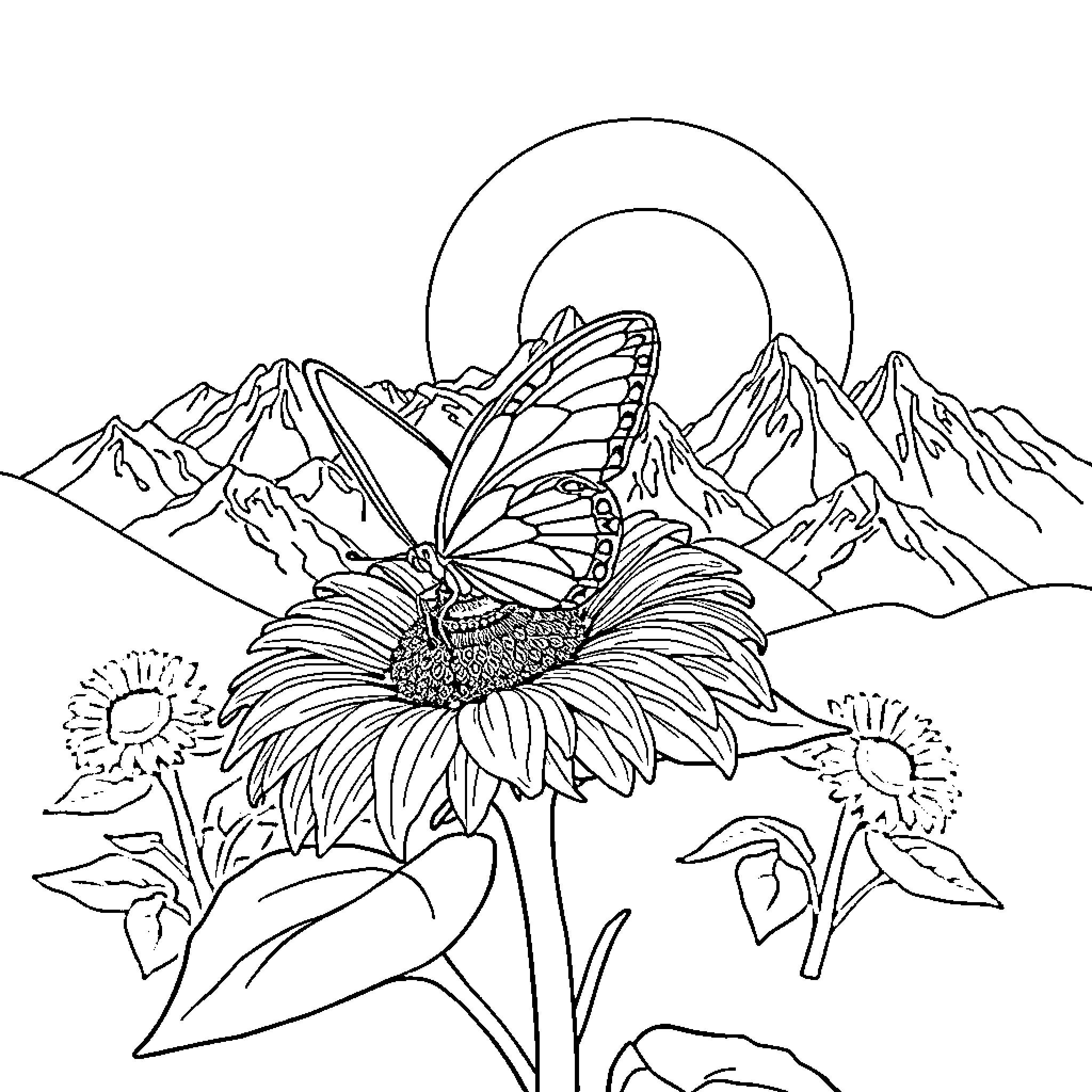 Butterfly resting on a sunflower in the mountains Coloring Page (free black-and-white line drawing printable PDF for all, from beginners to advanced learners, including children, teens, adults, and seniors)