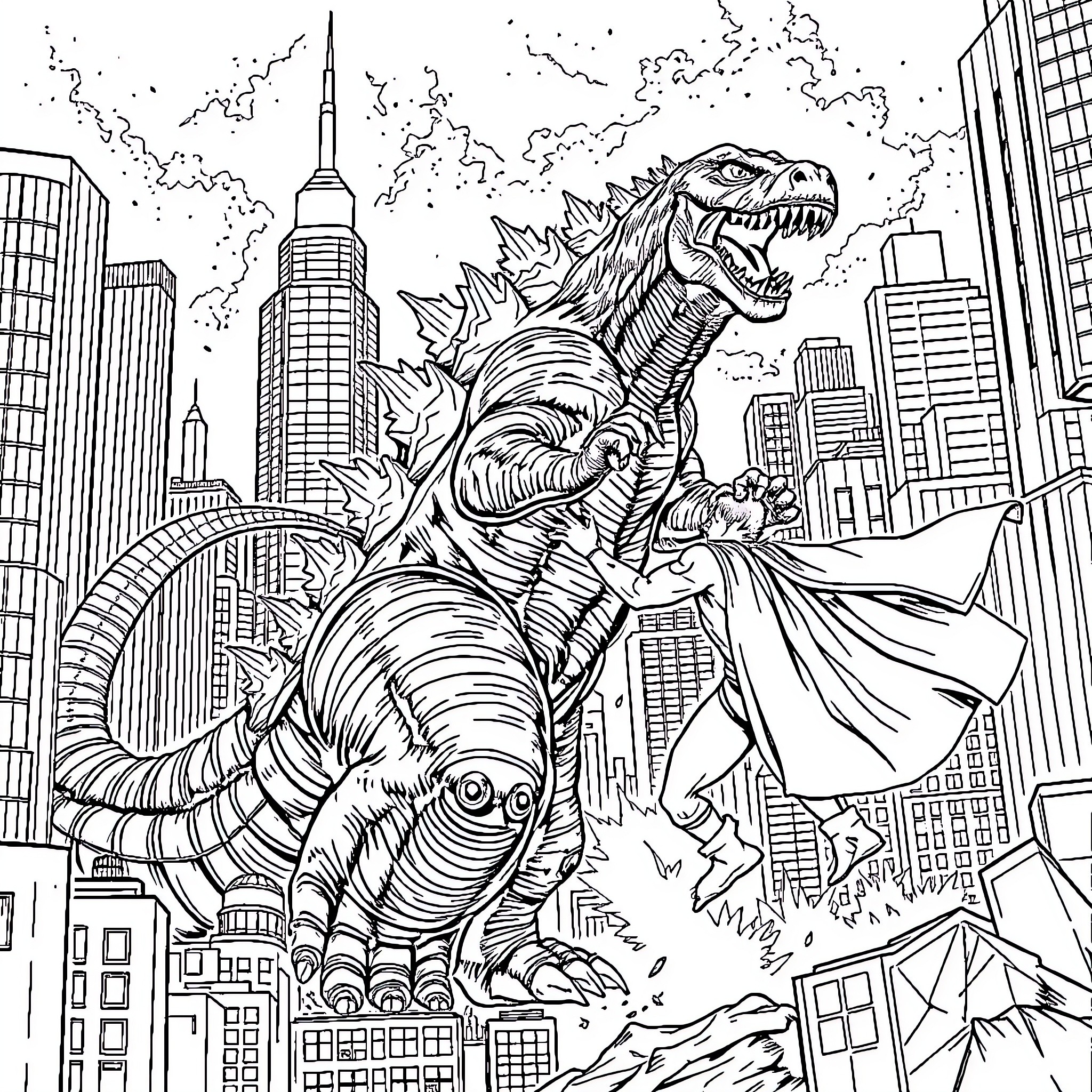 Godzilla rampaging through the city skyline Coloring Page (free black-and-white line drawing printable PDF for all, from beginners to advanced learners, including children, teens, adults, and seniors)