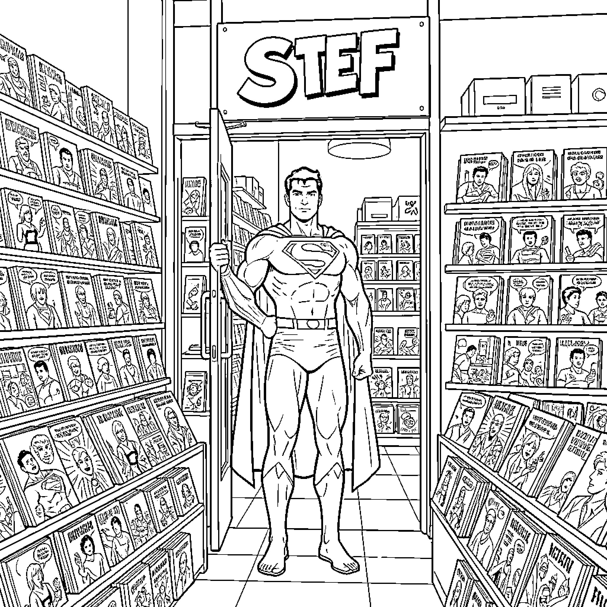 Superman standing in a comic book store entrance Coloring Page (free black-and-white line drawing printable PDF for all, from beginners to advanced learners, including children, teens, adults, and seniors)