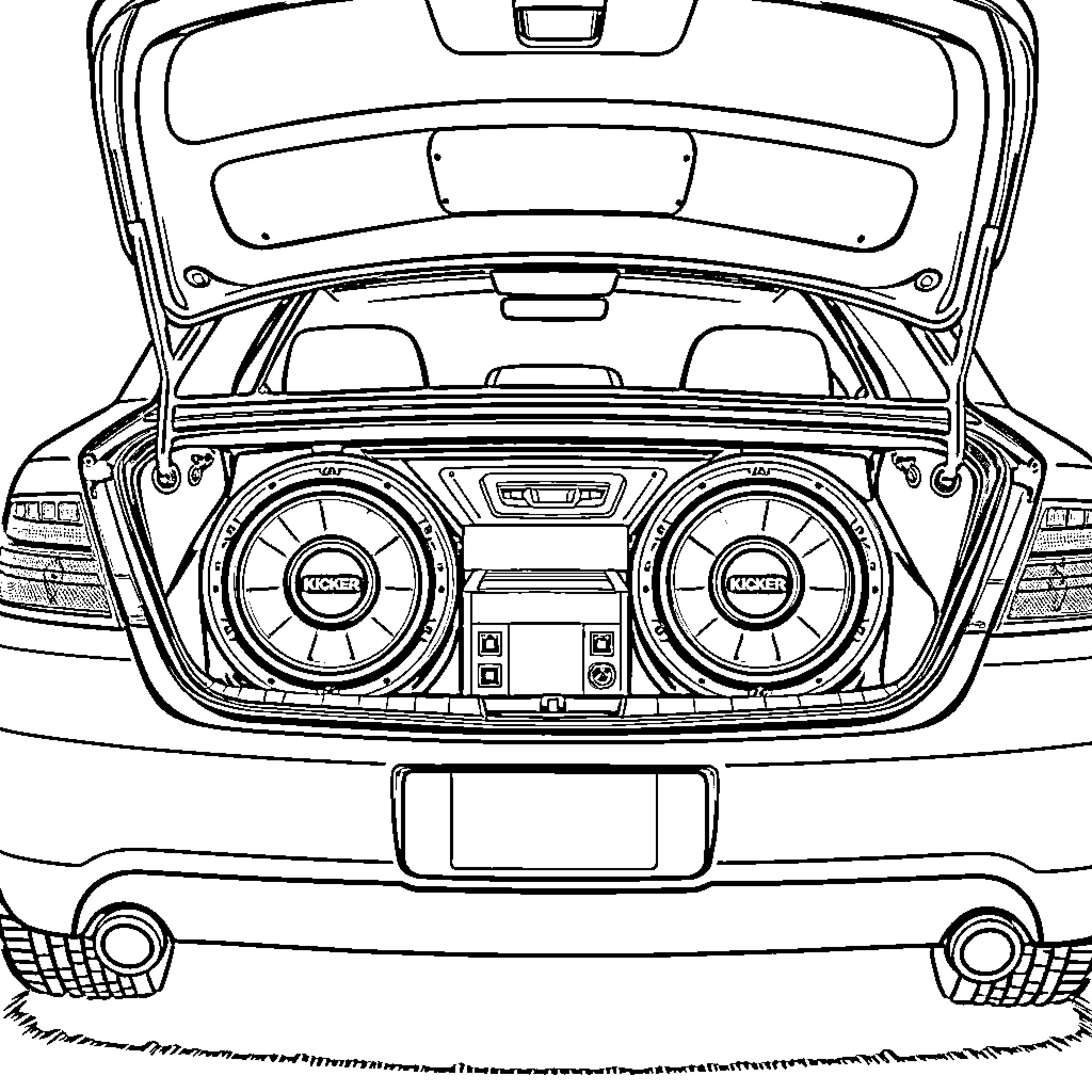 Ford Taurus with open trunk featuring car audio system Coloring Page (free black-and-white line drawing printable PDF for all, from beginners to advanced learners, including children, teens, adults, and seniors)