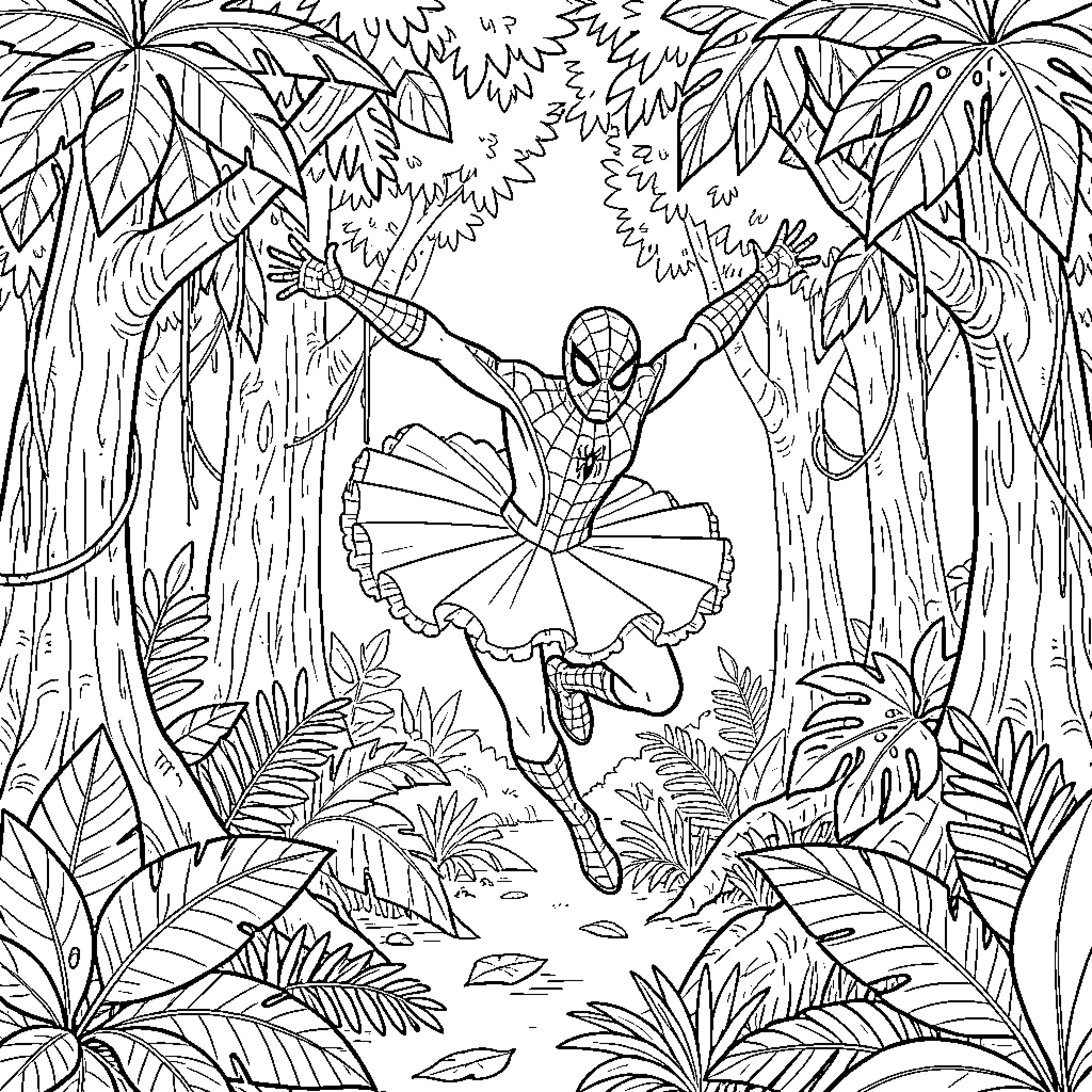 Spiderman dancing in a tutu through a jungle Coloring Page (free black-and-white line drawing printable PDF for all, from beginners to advanced learners, including children, teens, adults, and seniors)