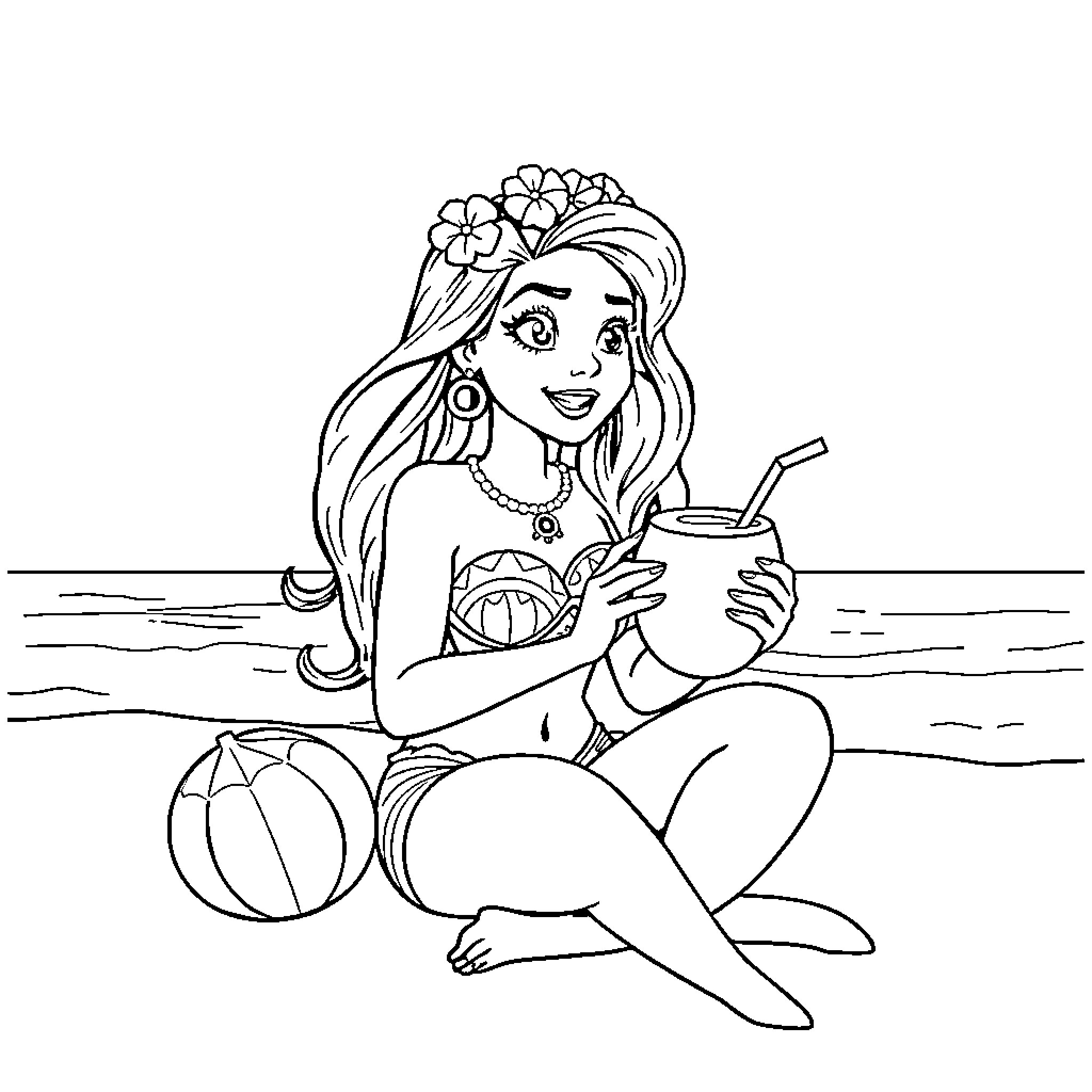 Vaiana enjoying a tropical beverage on the beach Coloring Page (free black-and-white line drawing printable PDF for all, from beginners to advanced learners, including children, teens, adults, and seniors)