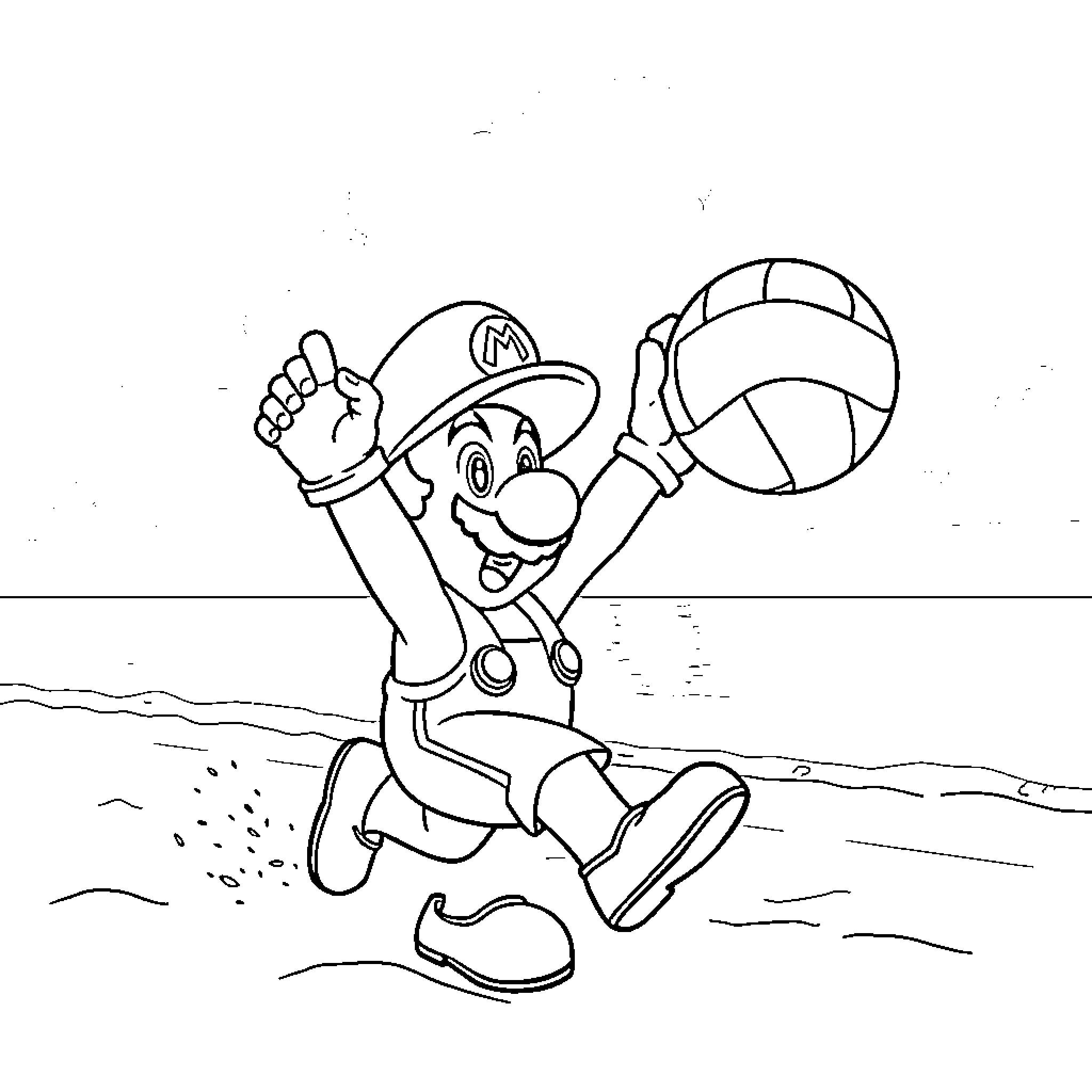 Mario Playing with Volleyball on the Beach Coloring Page (free black-and-white line drawing printable PDF for all, from beginners to advanced learners, including children, teens, adults, and seniors)