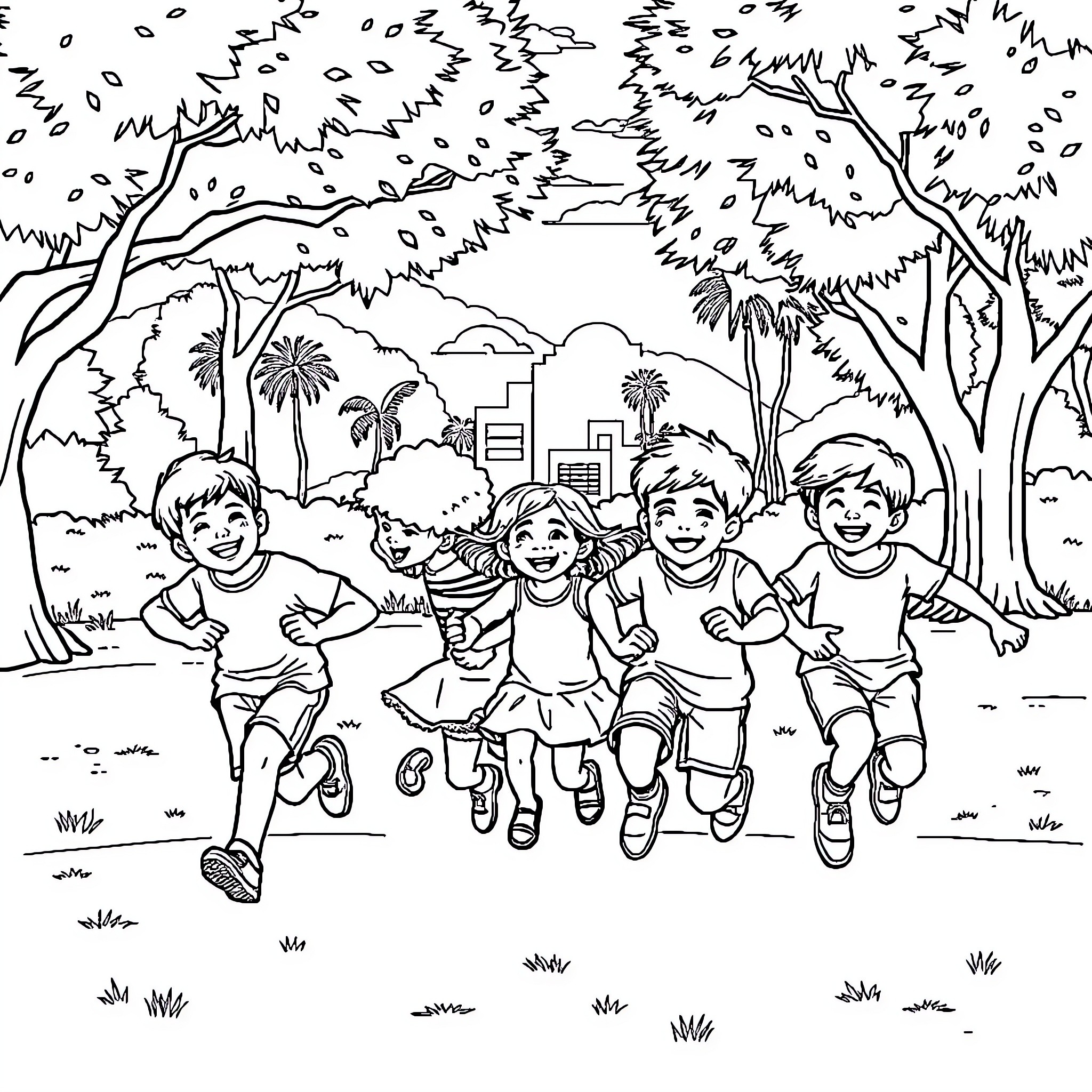 Children playing happily in the park Coloring Page (free black-and-white line drawing printable PDF for all, from beginners to advanced learners, including children, teens, adults, and seniors)