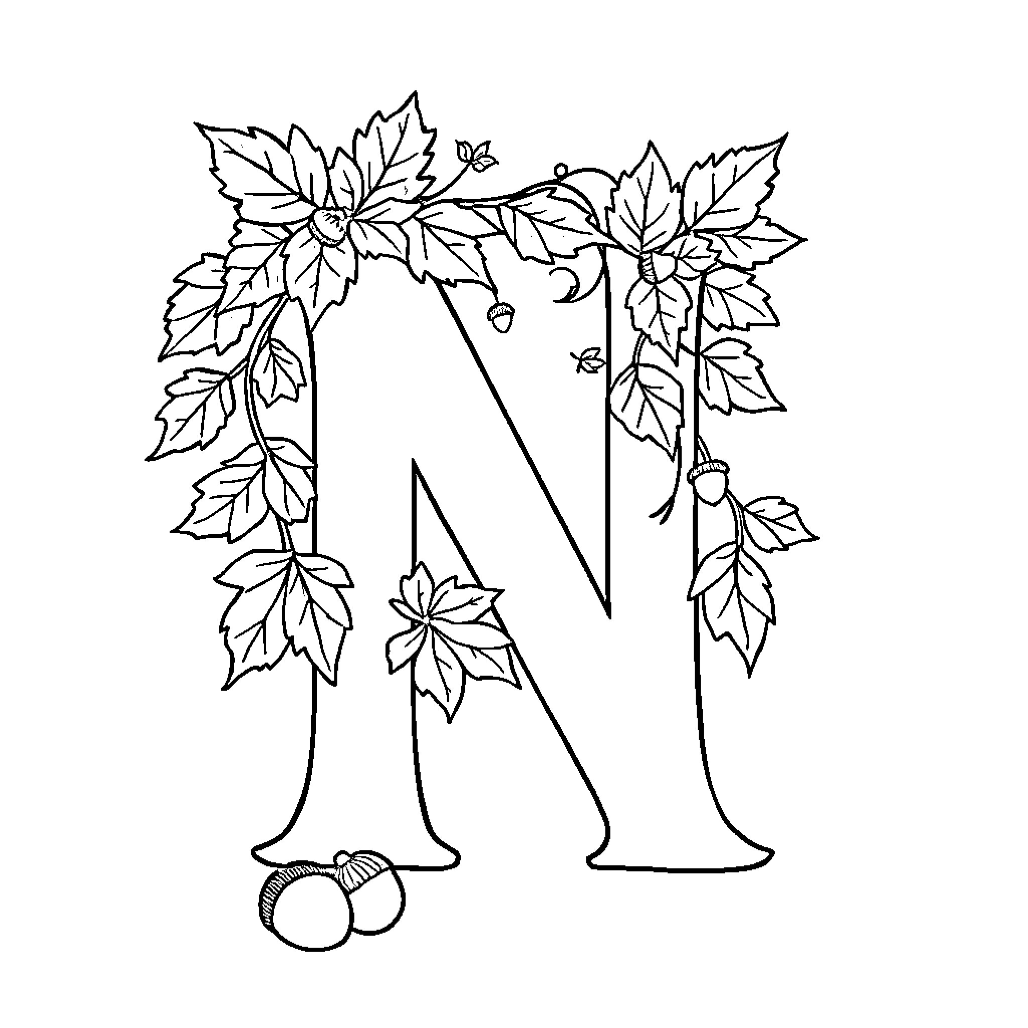 Letter N with Autumn Leaves and Acorns Coloring Page (free black-and-white line drawing printable PDF for all, from beginners to advanced learners, including children, teens, adults, and seniors)