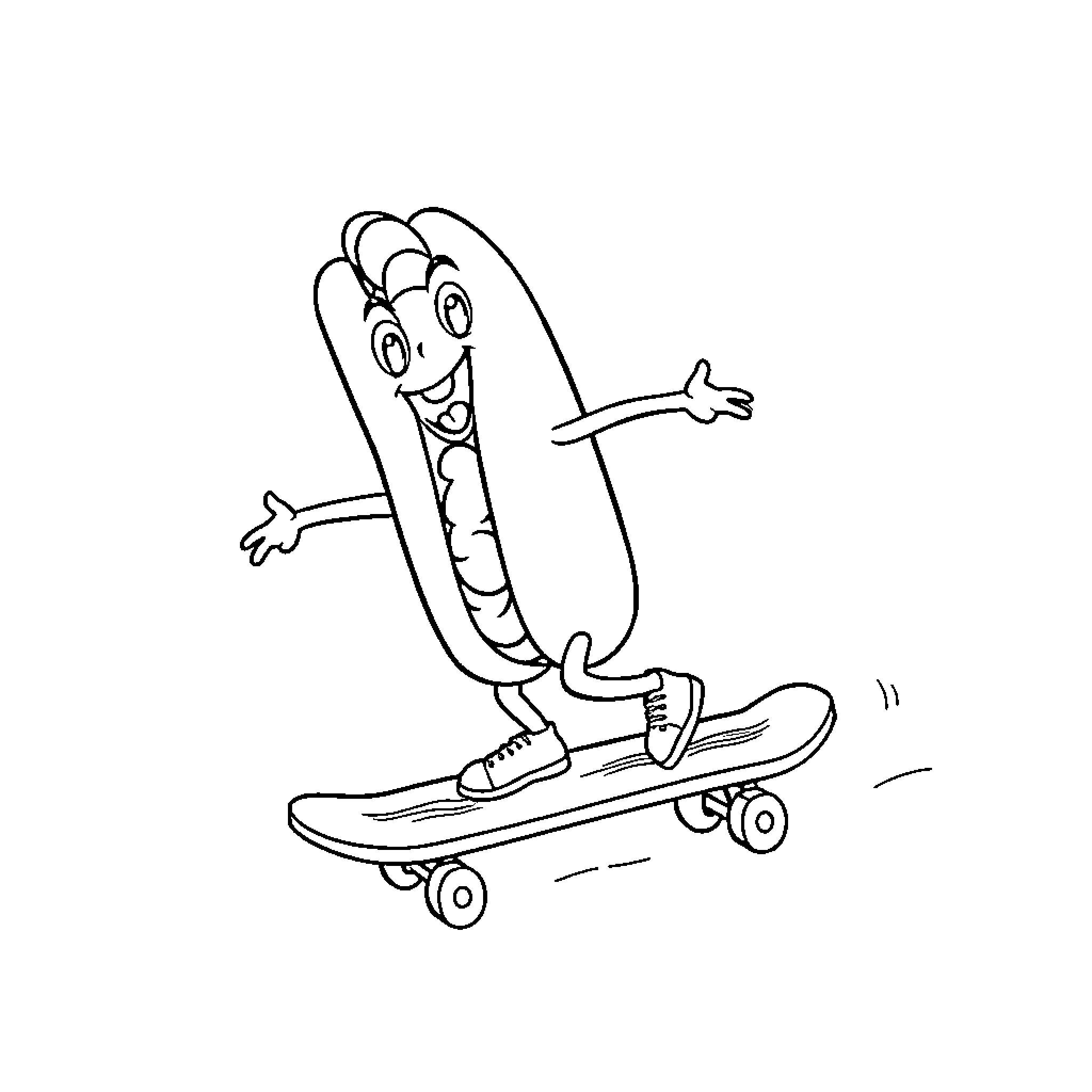 Hotdog skateboarding happily on the sidewalk Coloring Page (free black-and-white line drawing printable PDF for all, from beginners to advanced learners, including children, teens, adults, and seniors)
