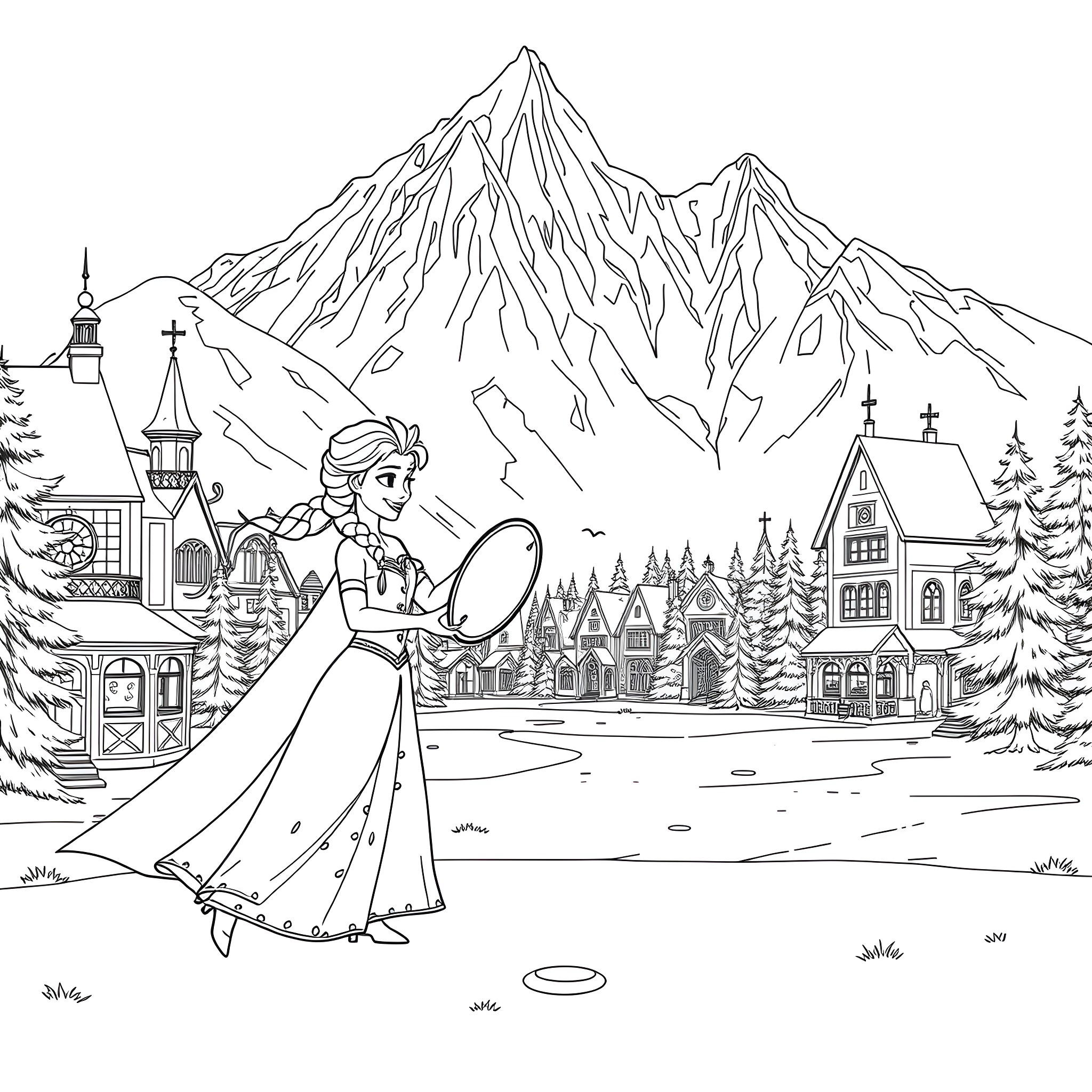 Elsa exploring the enchanting mountain town Coloring Page (free black-and-white line drawing printable PDF for all, from beginners to advanced learners, including children, teens, adults, and seniors)