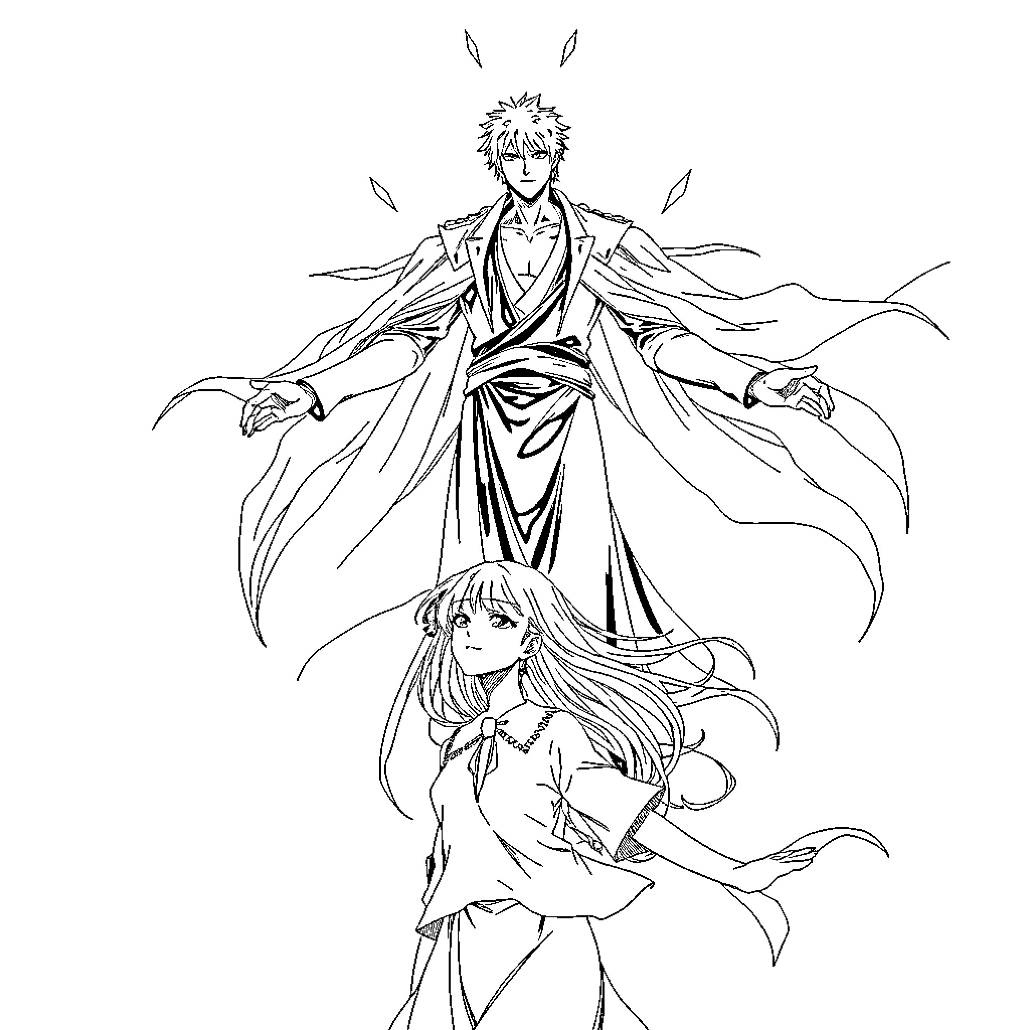 Kurosaki Ichigo in powerful spiritual form Coloring Page (free black-and-white line drawing printable PDF for all, from beginners to advanced learners, including children, teens, adults, and seniors)