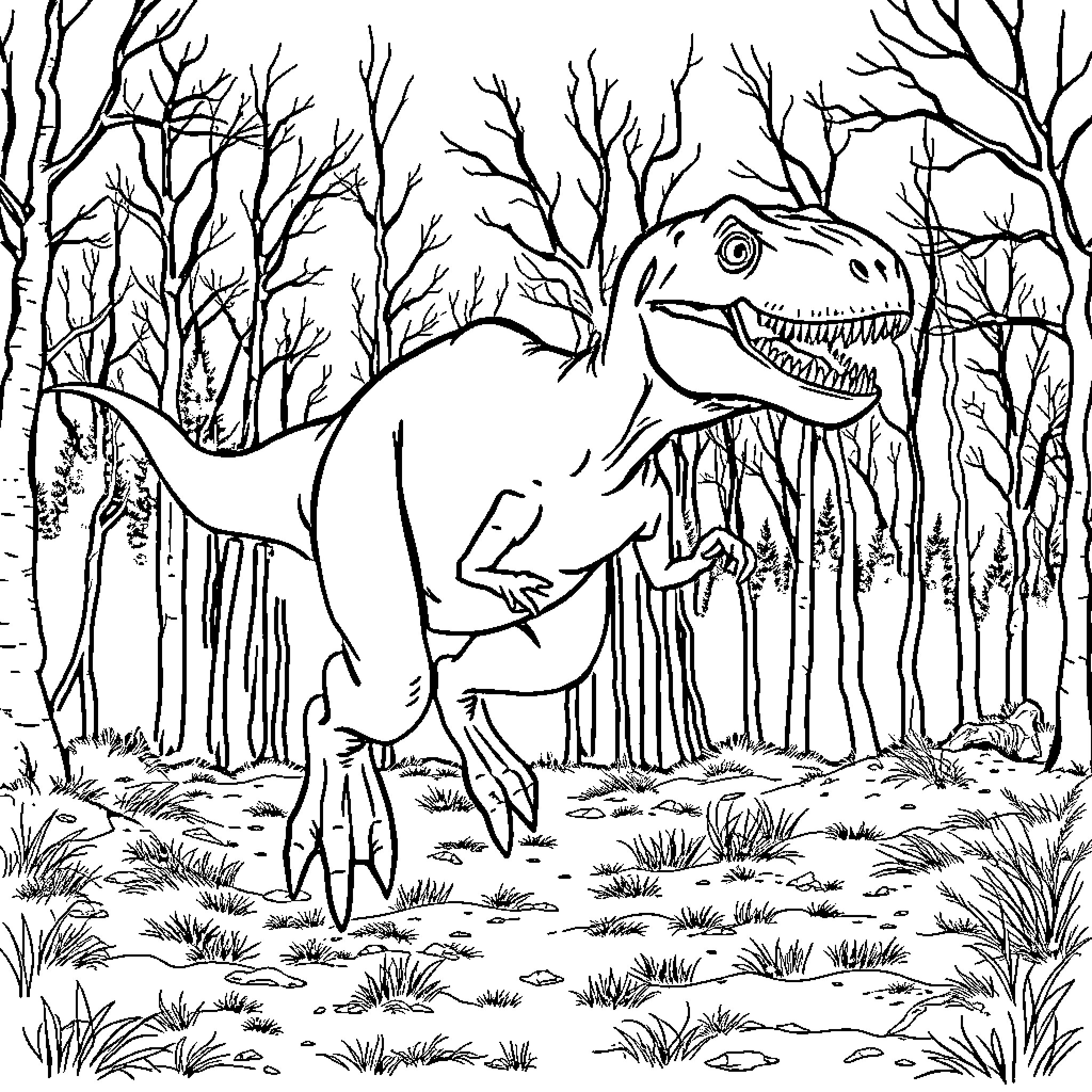Velociraptor stalking through the eerie forest Coloring Page (free black-and-white line drawing printable PDF for all, from beginners to advanced learners, including children, teens, adults, and seniors)