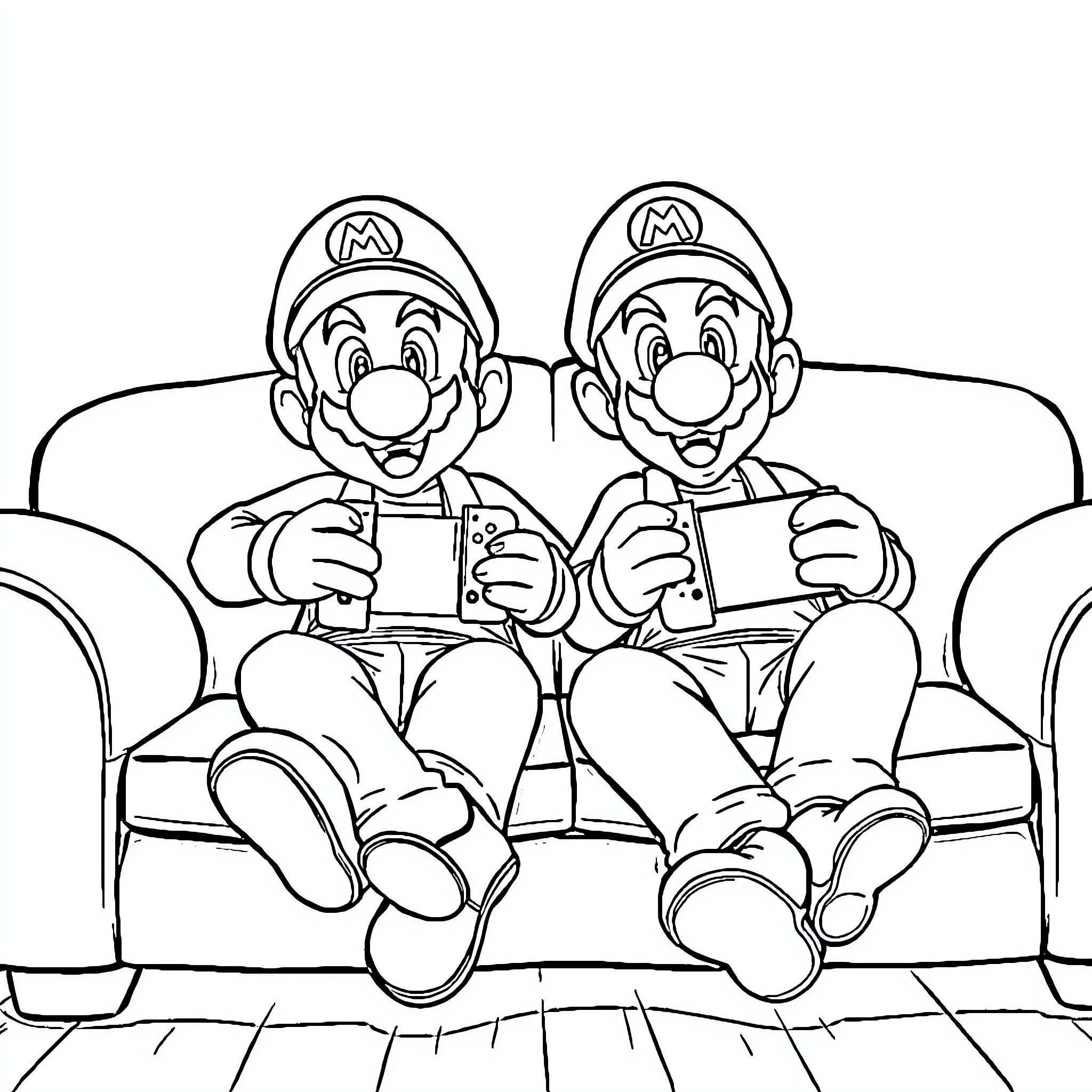 Mario Brothers Playing Video Games on the Couch Coloring Page (free black-and-white line drawing printable PDF for all, from beginners to advanced learners, including children, teens, adults, and seniors)