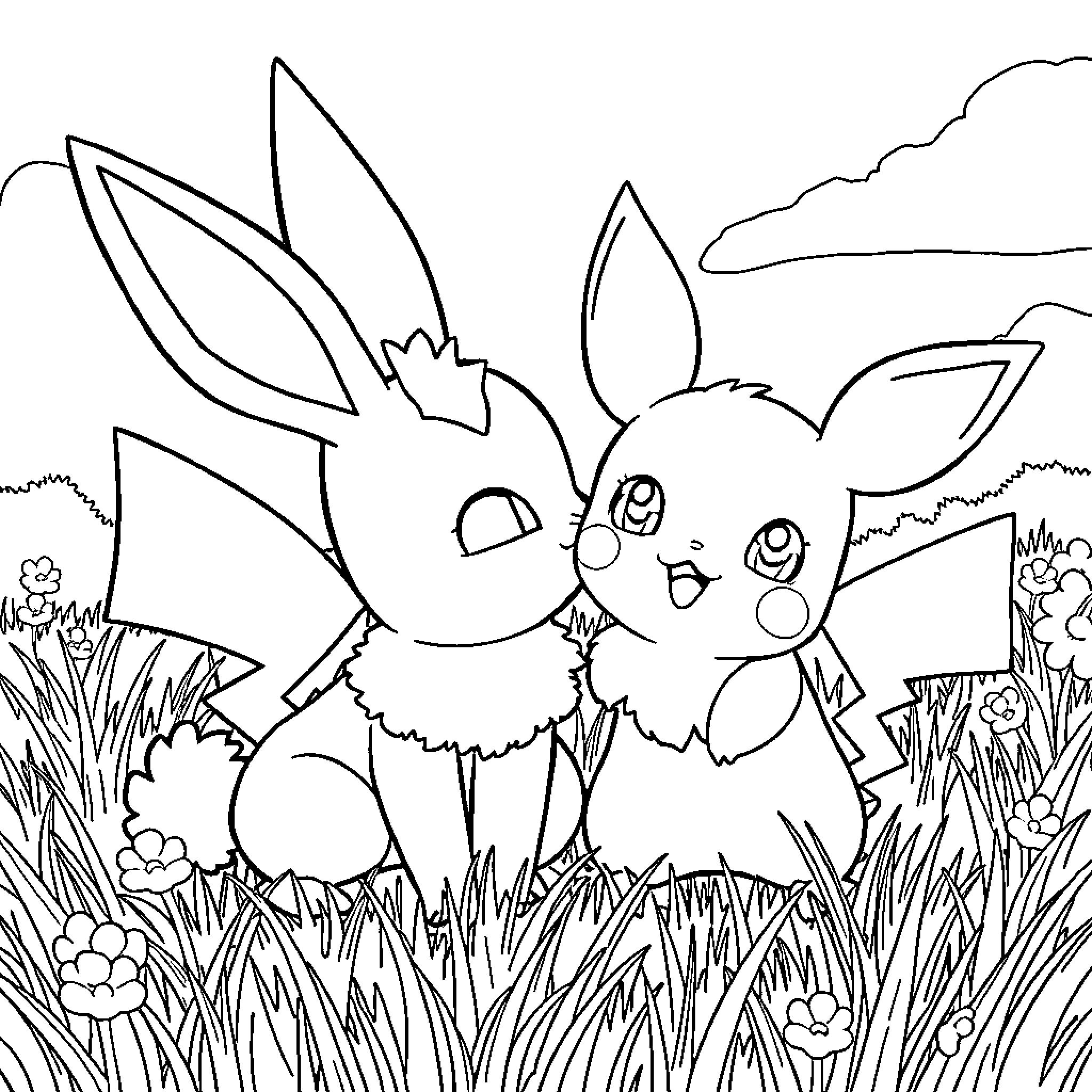 Pokémon playing happily in the meadow Coloring Page (free black-and-white line drawing printable PDF for all, from beginners to advanced learners, including children, teens, adults, and seniors)