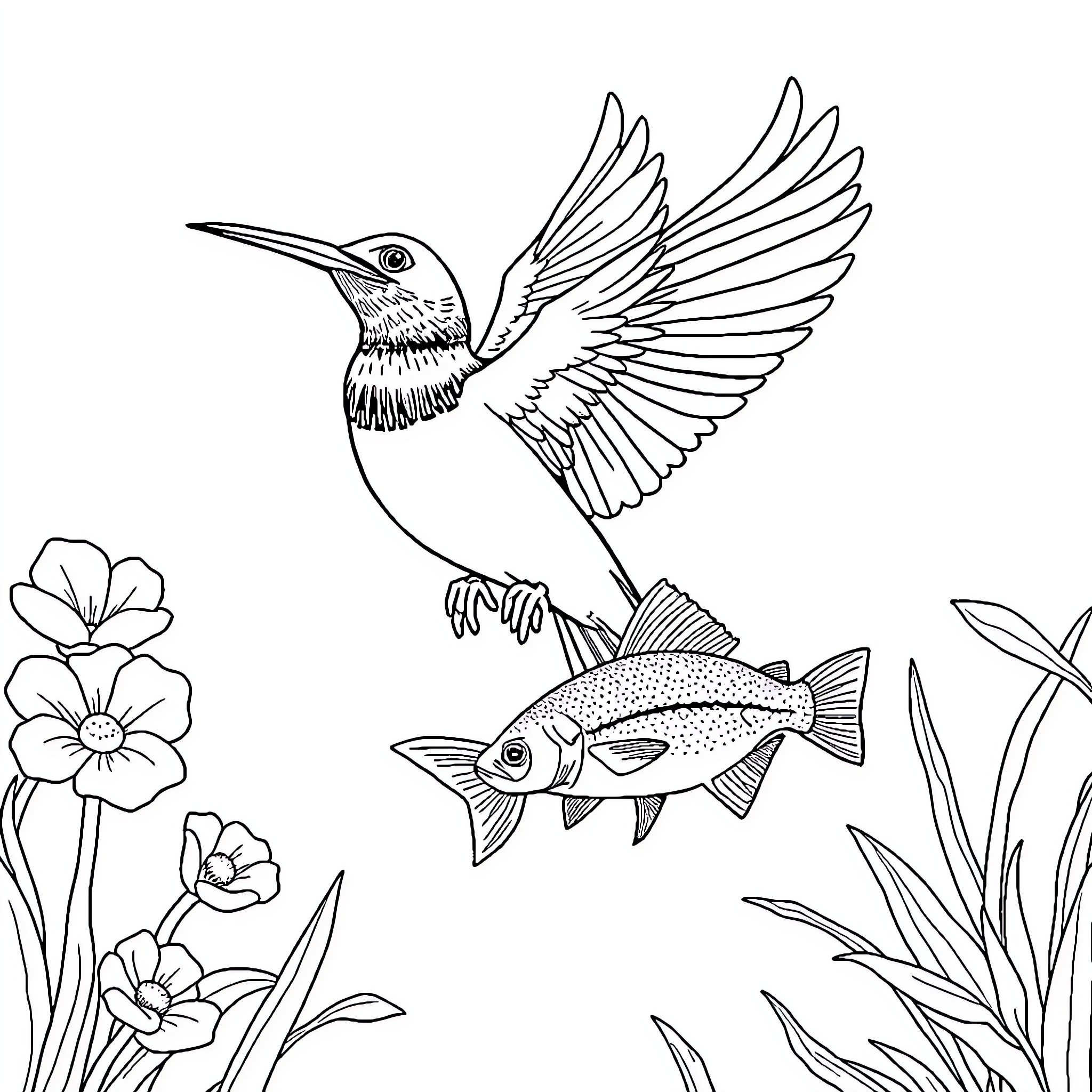Eagle-shaped bird soaring above colorful flowers Coloring Page (free black-and-white line drawing printable PDF for all, from beginners to advanced learners, including children, teens, adults, and seniors)