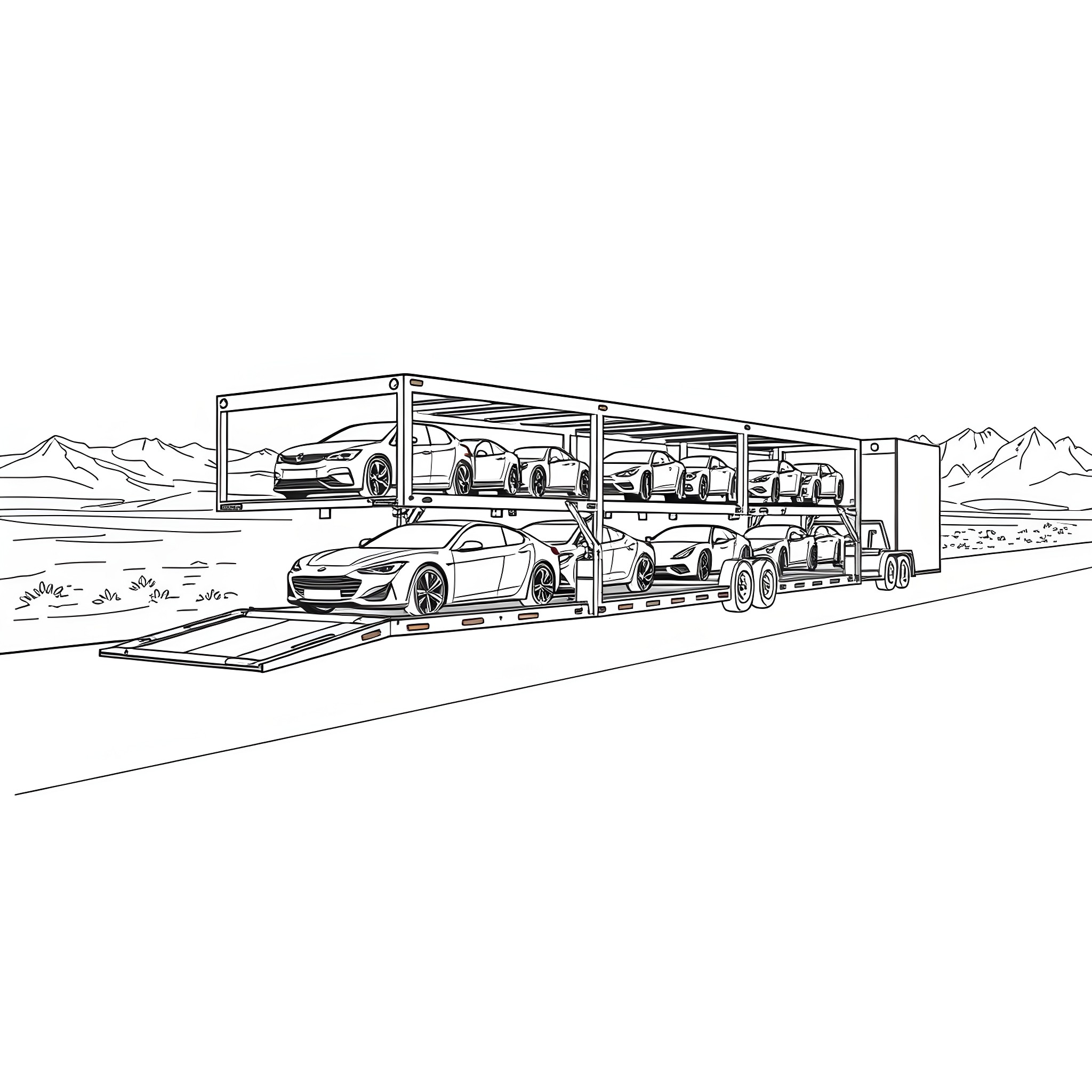 Car Hauler Transporting Luxury Vehicles on the Road Coloring Page (free black-and-white line drawing printable PDF for all, from beginners to advanced learners, including children, teens, adults, and seniors)