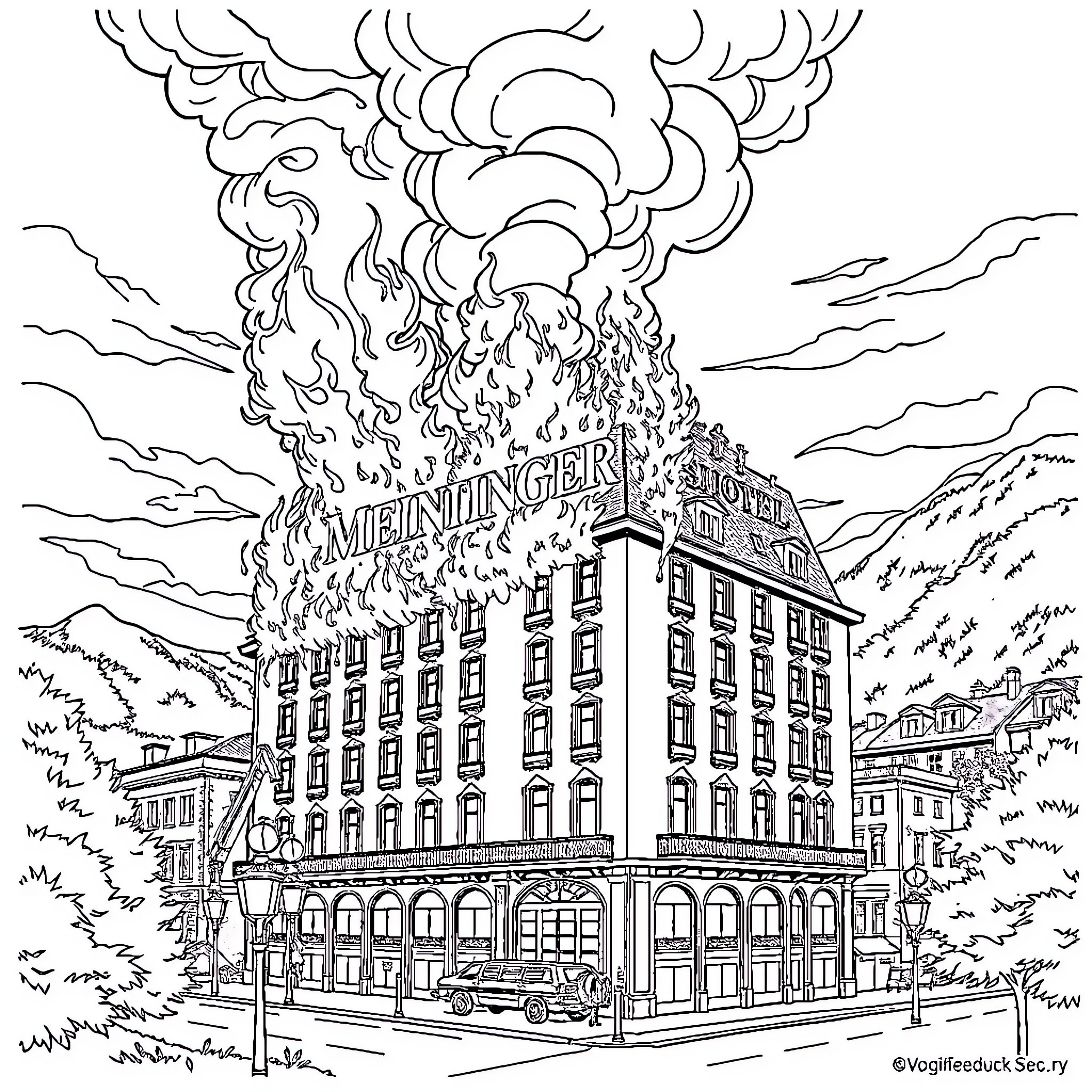 Hotel on Fire with Billowing Smoke Coloring Page (free black-and-white line drawing printable PDF for all, from beginners to advanced learners, including children, teens, adults, and seniors)