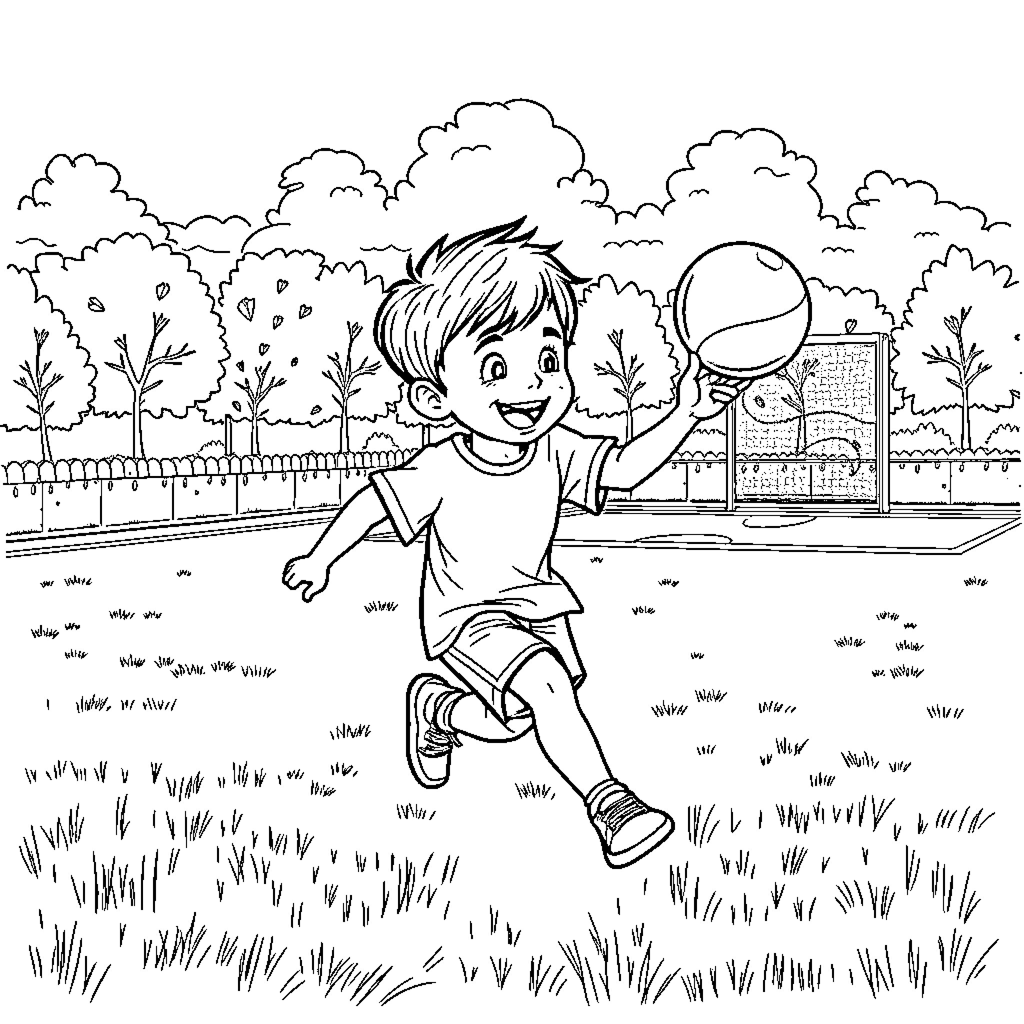 Child playing joyfully with a ball in the park Coloring Page (free black-and-white line drawing printable PDF for all, from beginners to advanced learners, including children, teens, adults, and seniors)