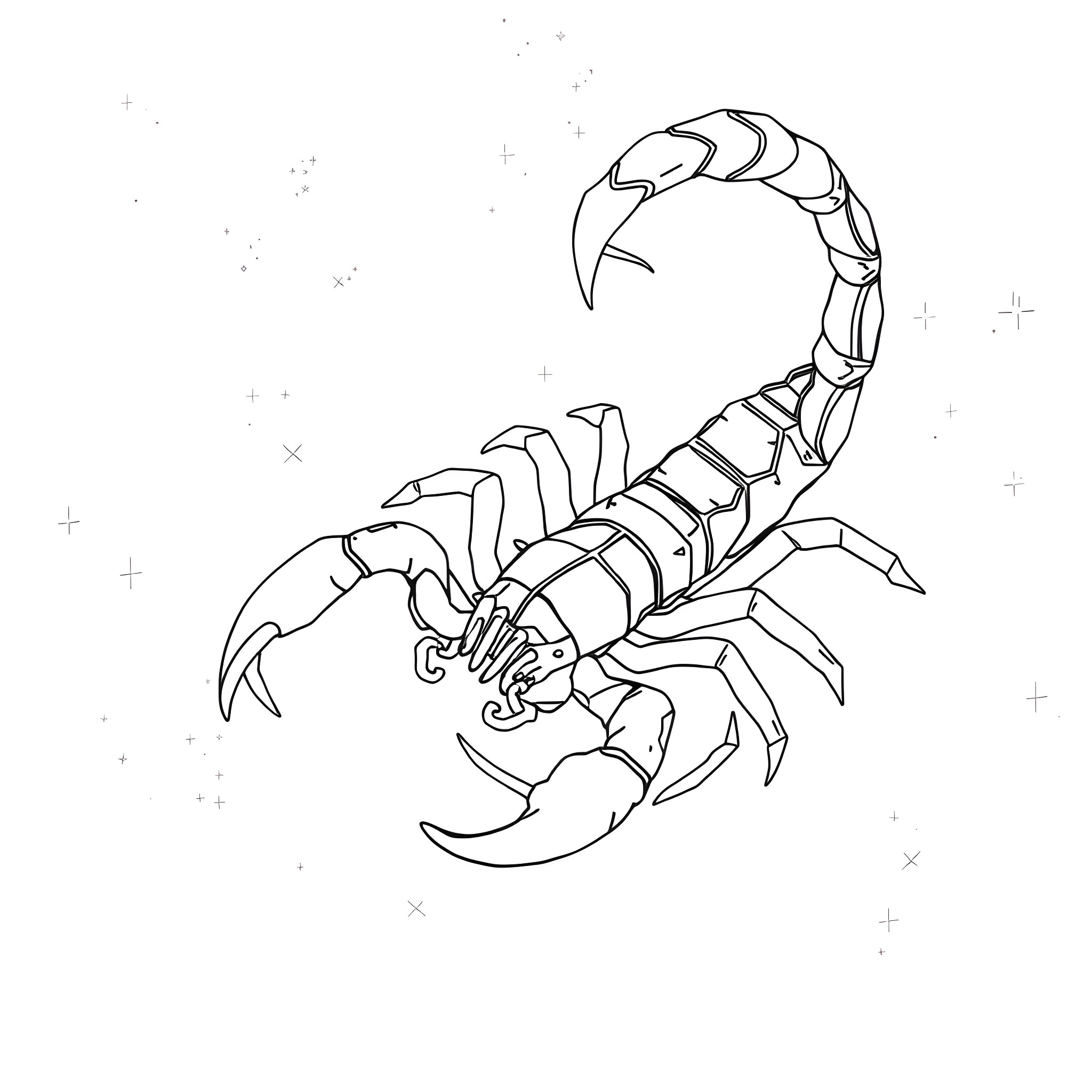 Scorpio scorpion in cosmic space Coloring Page (free black-and-white line drawing printable PDF for all, from beginners to advanced learners, including children, teens, adults, and seniors)