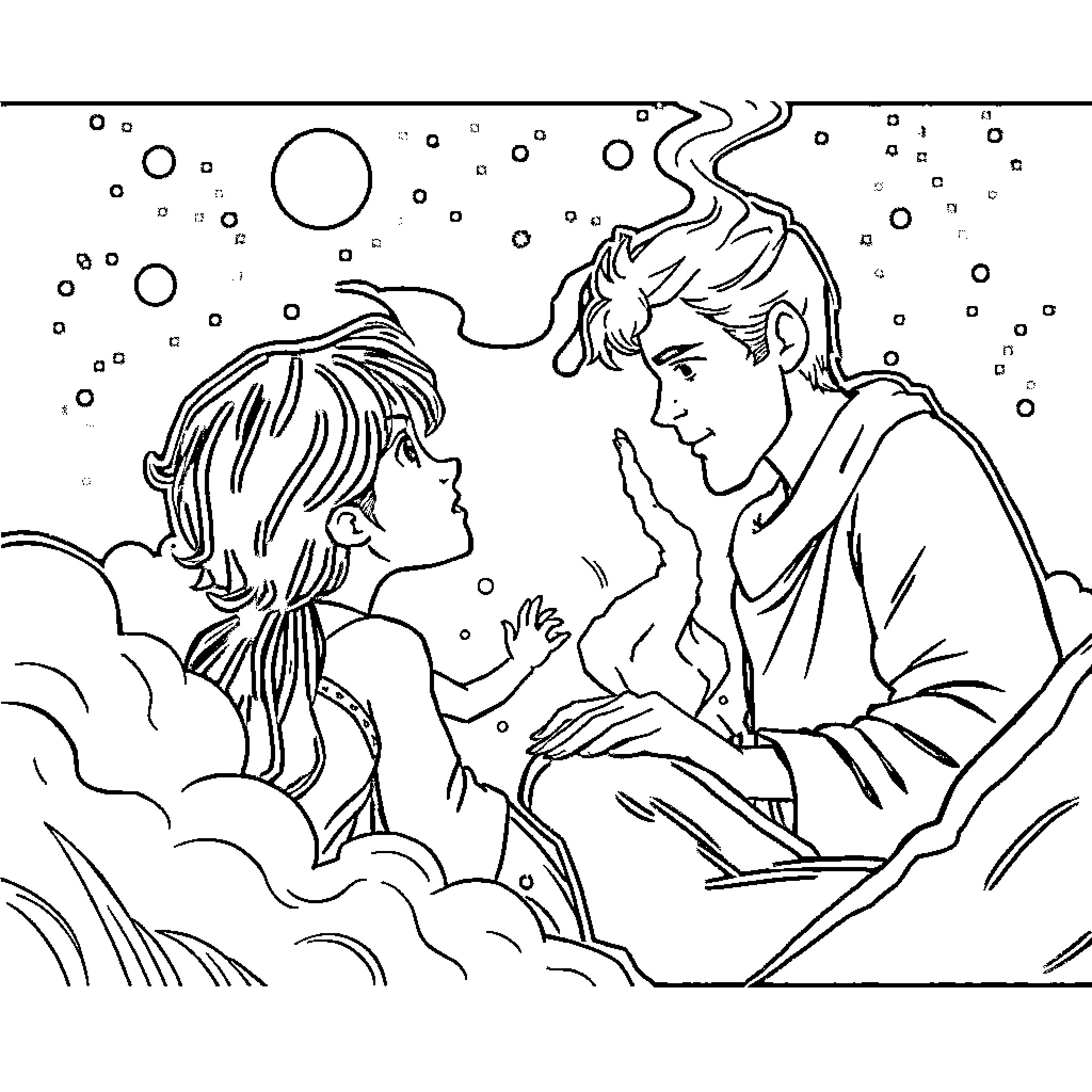 Theme of Two Figures Conversing in Clouds Coloring Page (free black-and-white line drawing printable PDF for all, from beginners to advanced learners, including children, teens, adults, and seniors)