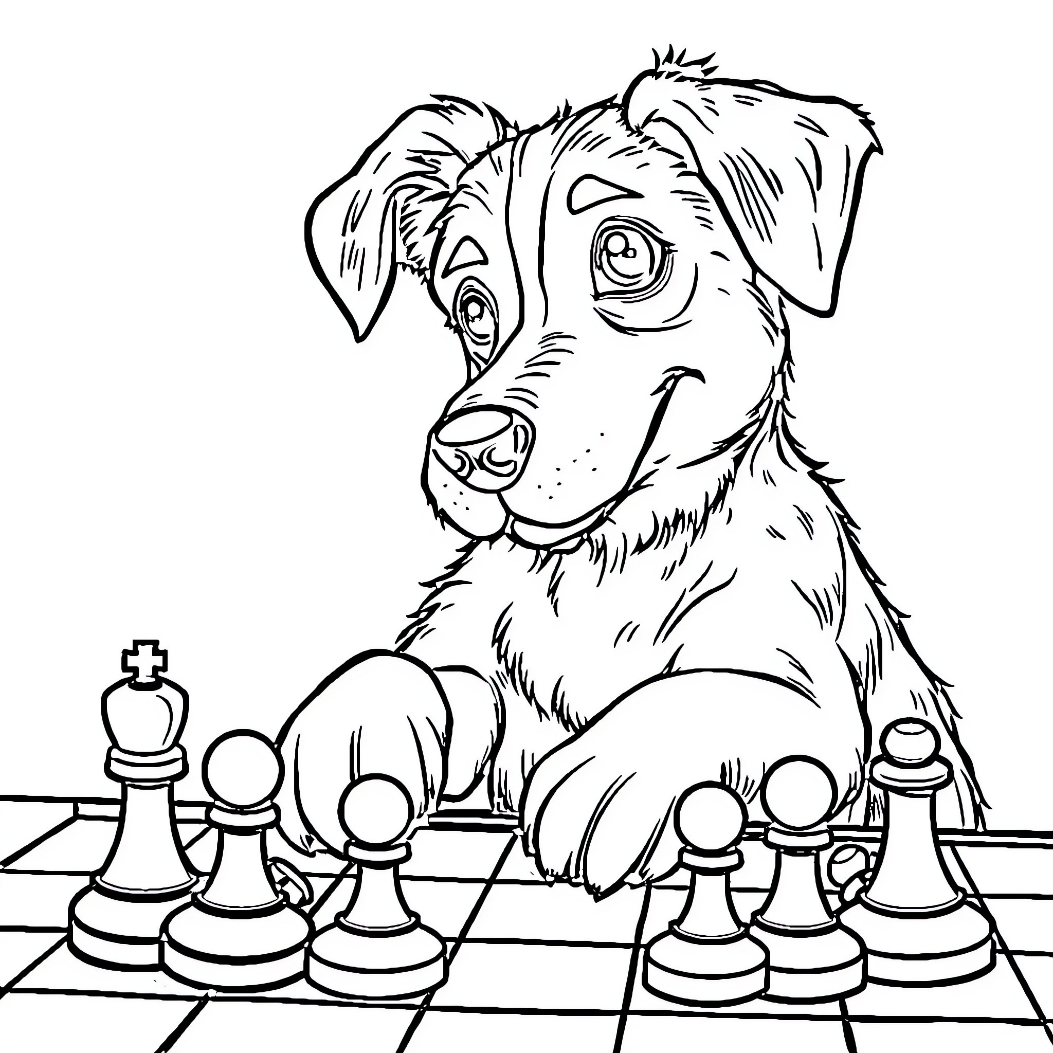 Dog playing with chess pieces Coloring Page (free black-and-white line drawing printable PDF for all, from beginners to advanced learners, including children, teens, adults, and seniors)