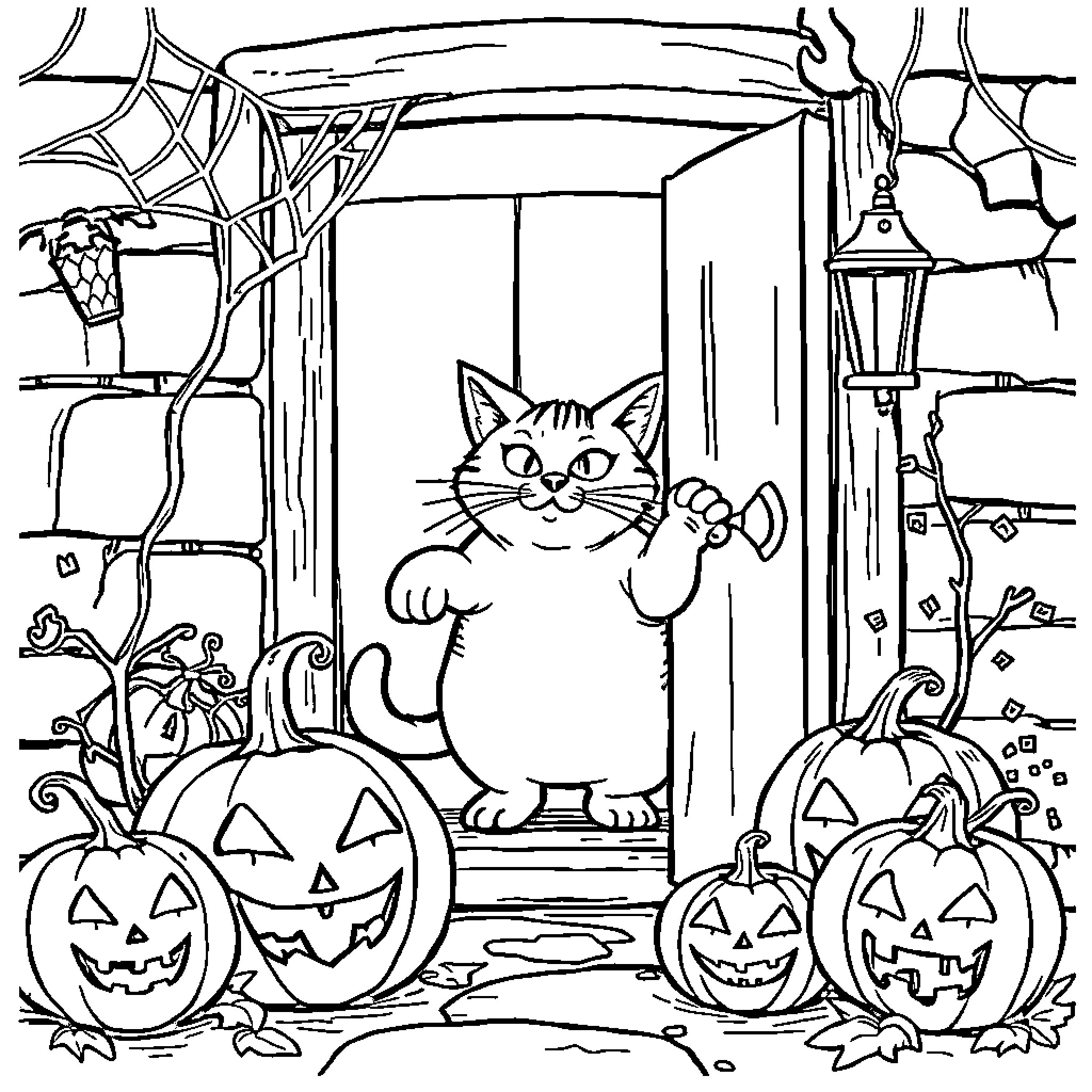 Cat playing tricks in Halloween decor Coloring Page (free black-and-white line drawing printable PDF for all, from beginners to advanced learners, including children, teens, adults, and seniors)