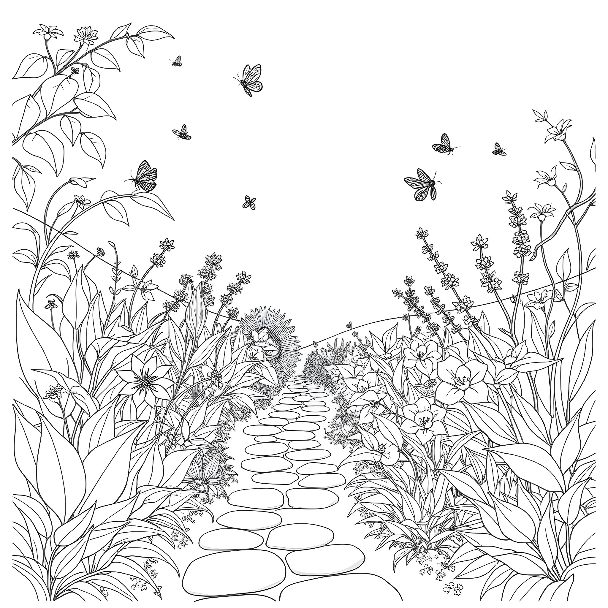 Garden with Winding Path and Butterflies Coloring Page (free black-and-white line drawing printable PDF for all, from beginners to advanced learners, including children, teens, adults, and seniors)