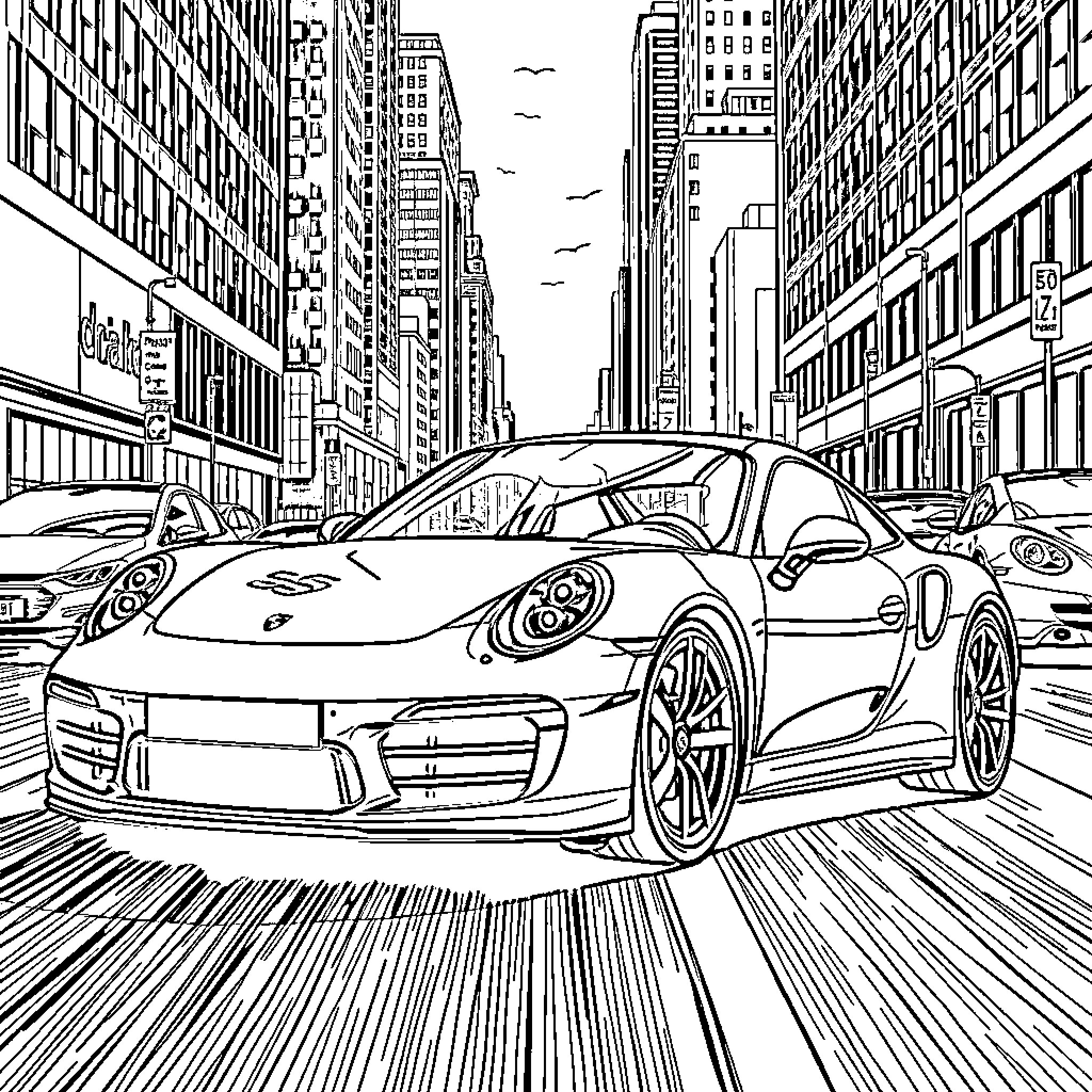 Porsche in the City Streets Coloring Page (free black-and-white line drawing printable PDF for all, from beginners to advanced learners, including children, teens, adults, and seniors)