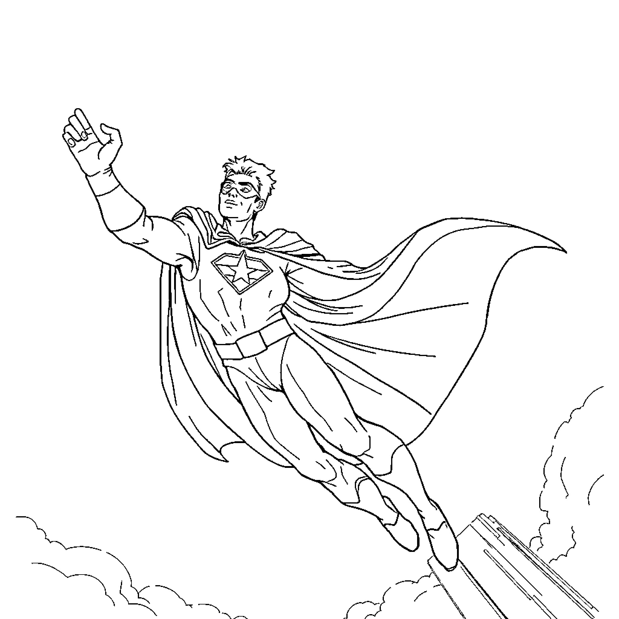 Superhero flying heroically in the sky Coloring Page (free black-and-white line drawing printable PDF for all, from beginners to advanced learners, including children, teens, adults, and seniors)