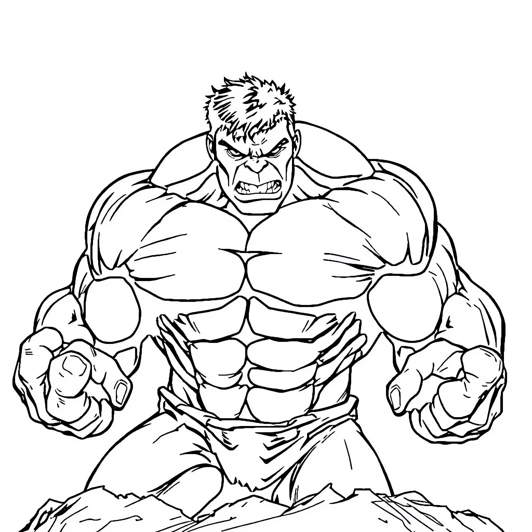 Hulk flexing his muscular physique with a fierce expression Coloring Page (free black-and-white line drawing printable PDF for all, from beginners to advanced learners, including children, teens, adults, and seniors)