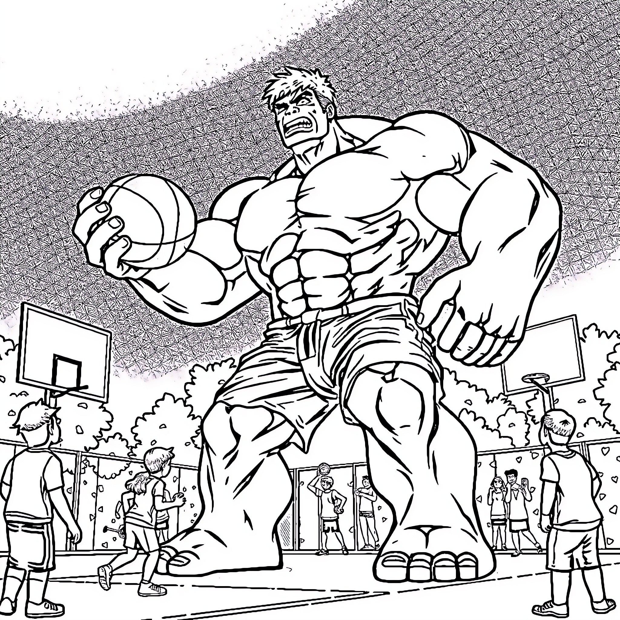Hulk playing basketball with local kids in the park Coloring Page (free black-and-white line drawing printable PDF for all, from beginners to advanced learners, including children, teens, adults, and seniors)