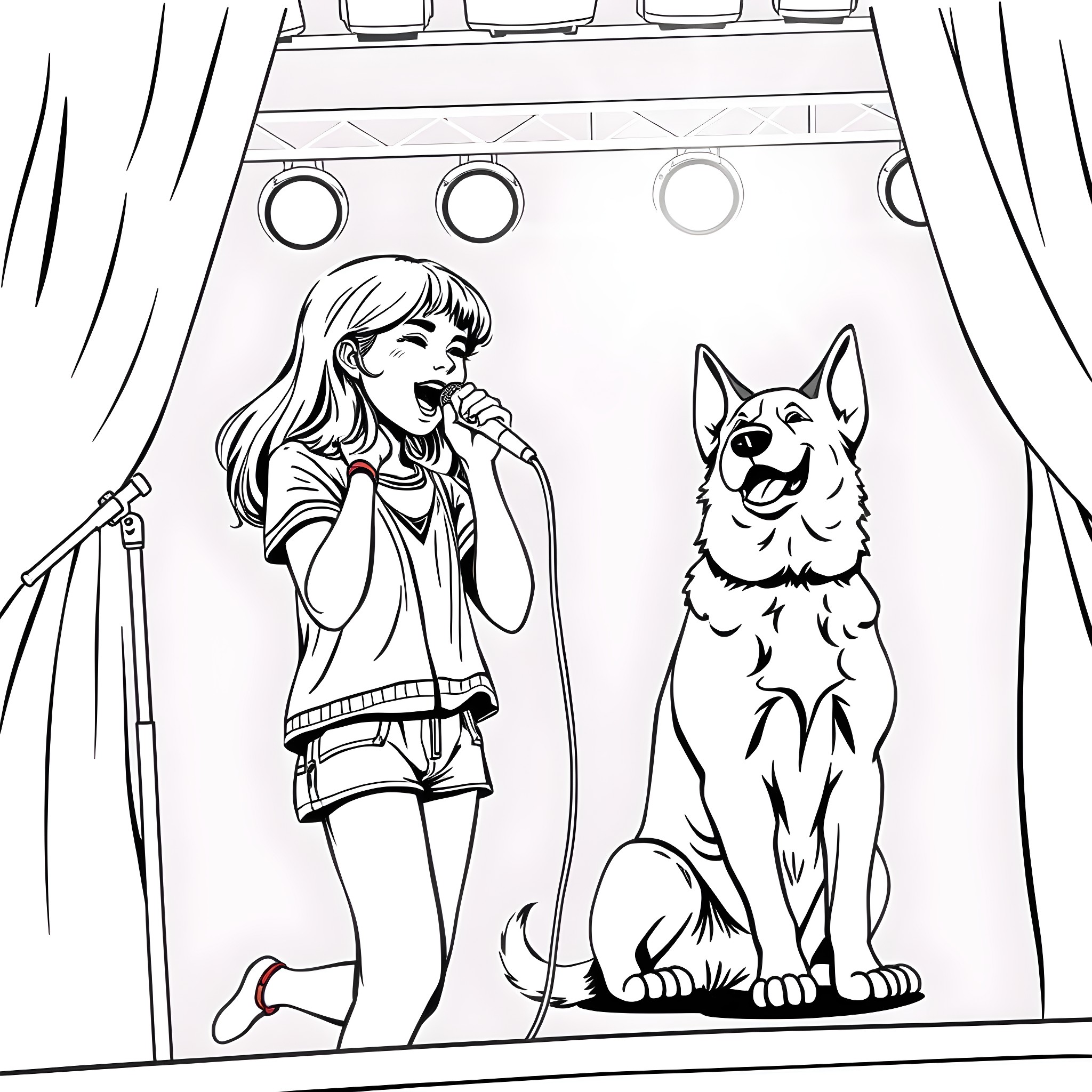 Teen Girl Singing on Stage with Her Dog Coloring Page (free black-and-white line drawing printable PDF for all, from beginners to advanced learners, including children, teens, adults, and seniors)