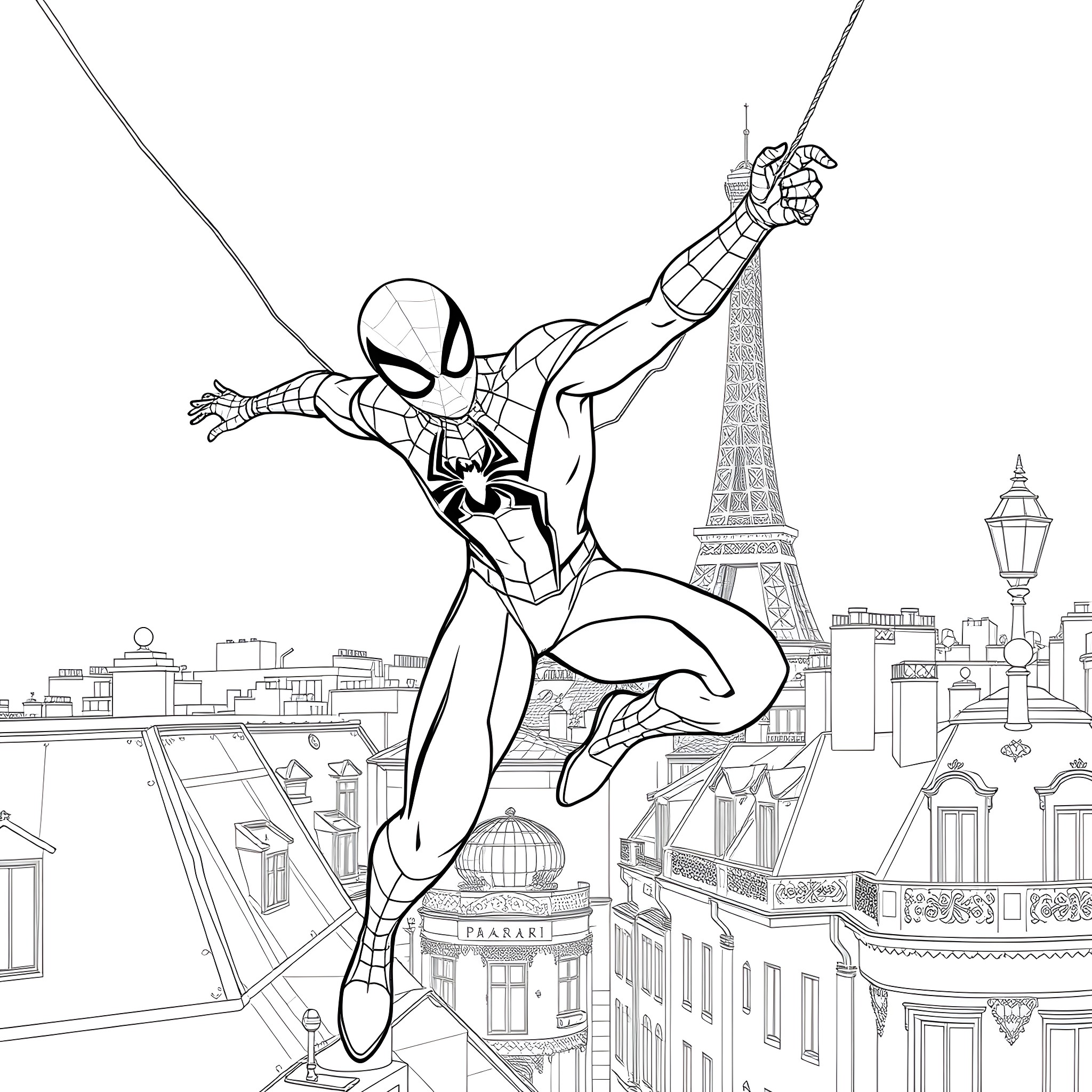 Spider-Man swinging over the Parisian cityscape Coloring Page (free black-and-white line drawing printable PDF for all, from beginners to advanced learners, including children, teens, adults, and seniors)